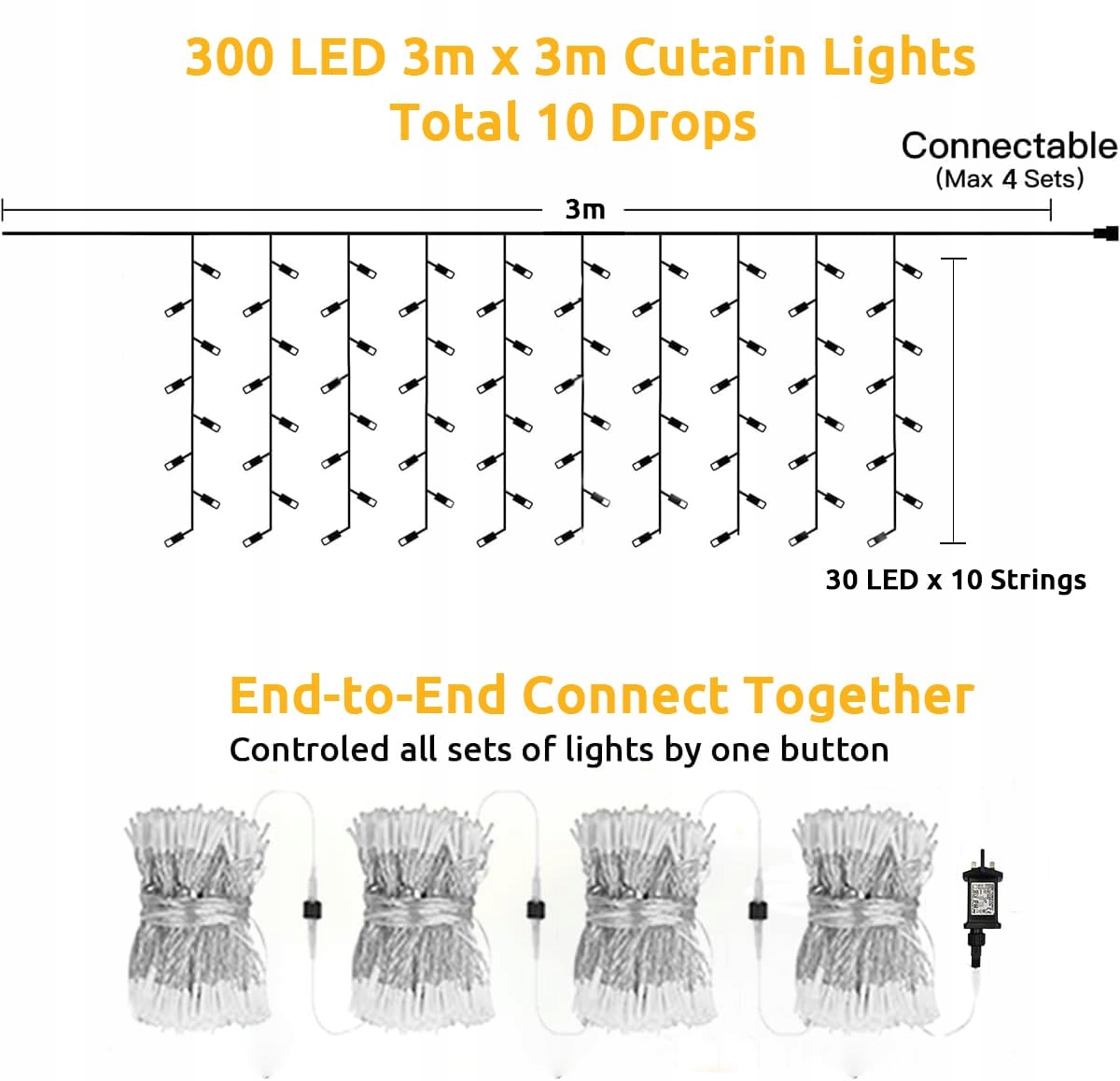 DEKOFUN Kurtyna Świetlna Girlanda Wodoodporna Ozdobne Lampki 300 LED 3x3m — miniatura 3