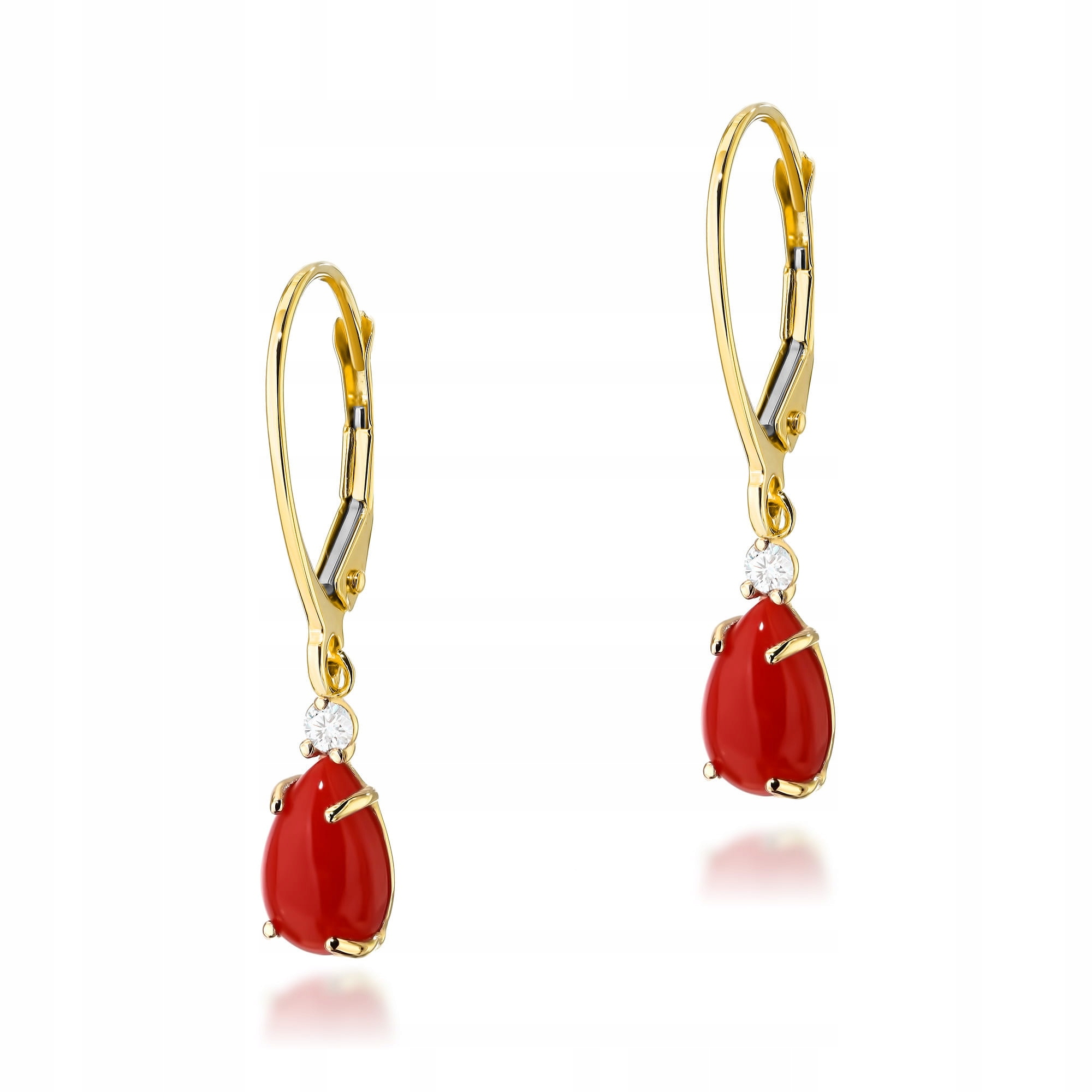 Náušnice zlaté 585 závěsné s přírodním korálem a brilianty 1,4 g dárek