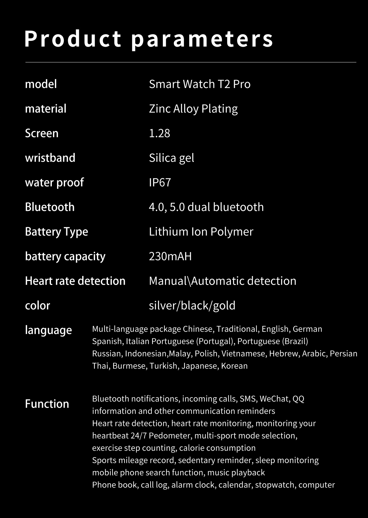 Smart Watch Heart Rate Blood Monitor Pressure Materiał paska guma