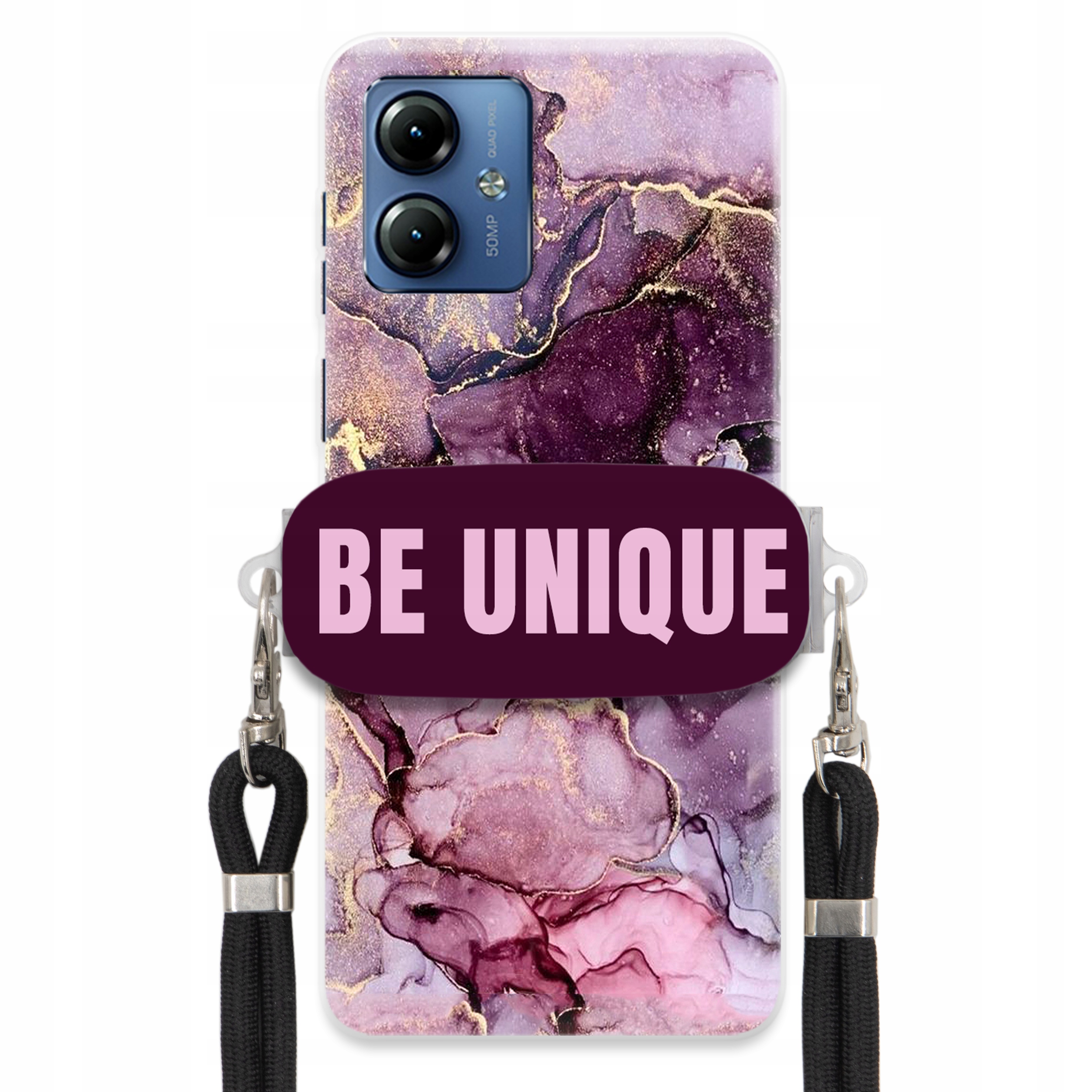 Pouzdro Premium pro Motorola G14 Case Uchywt Šňůra Černá Fialová Mramorová