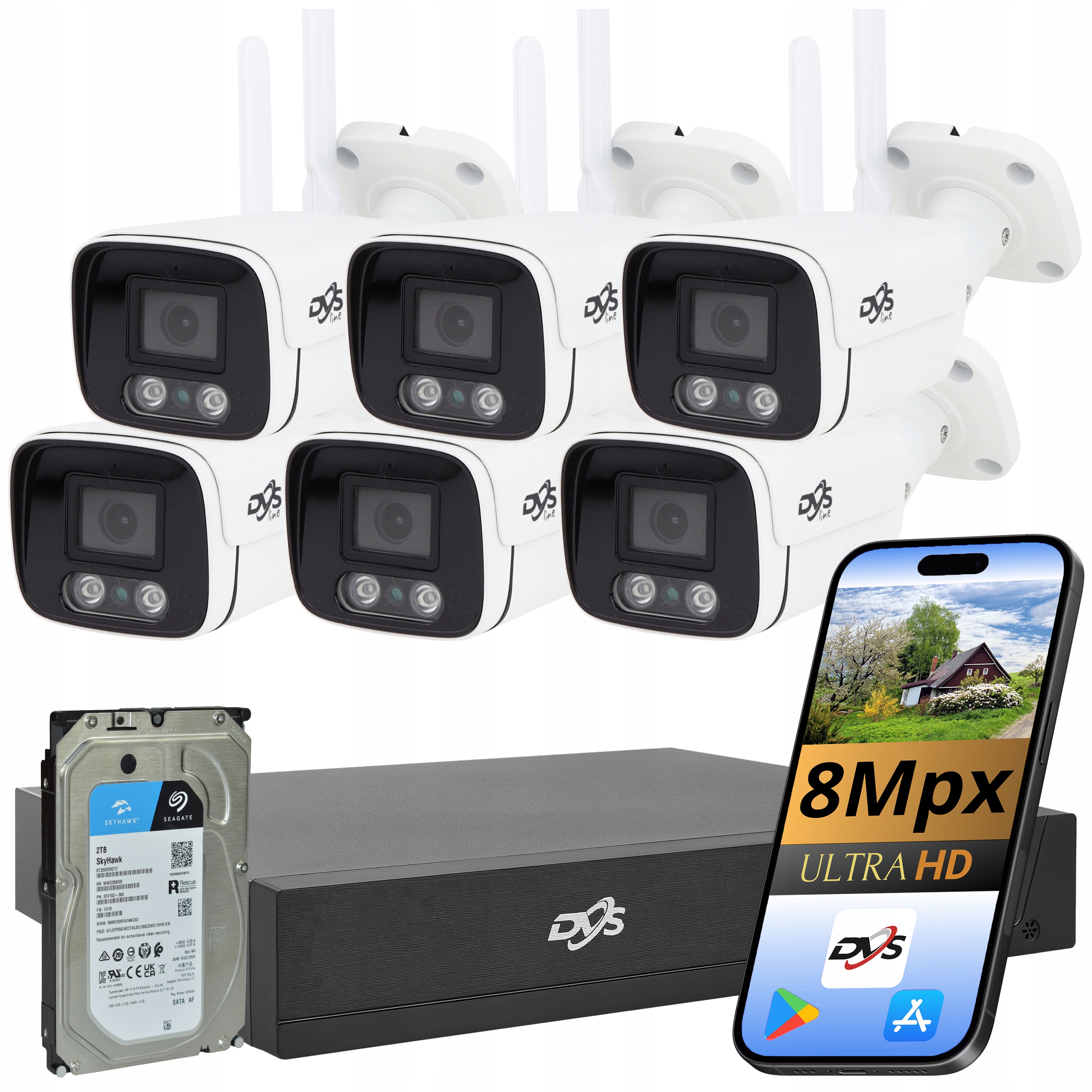 Set Kamer Wifi 4K 8Mpx 6x Bezdrátová Kamera Bílá Tuba Monitoring 2TB