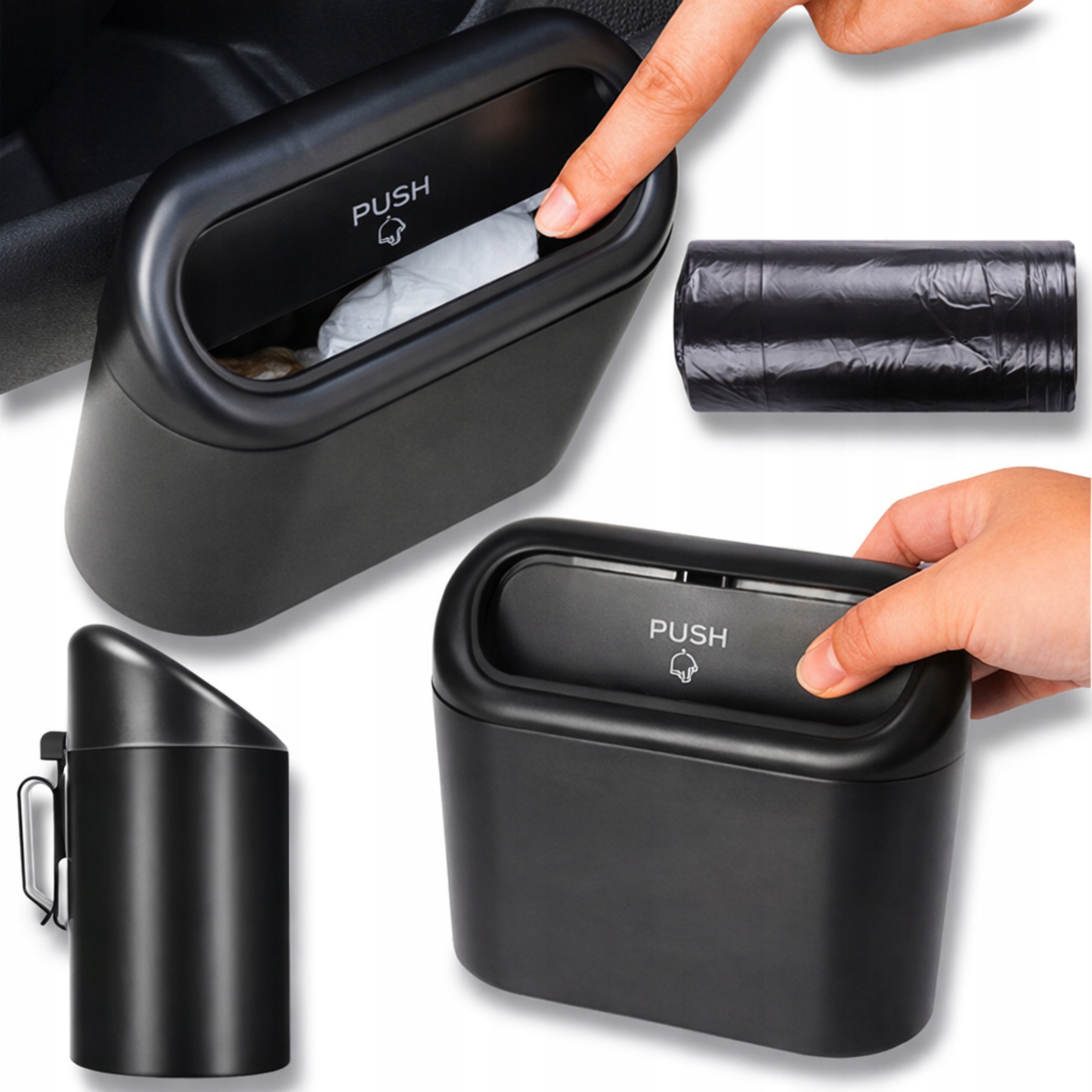 SAMOCHODOWY KOSZ NA ŚMIECI MINI Z POKRYWKĄ PUSH SZCZELNY + 1 WOREK