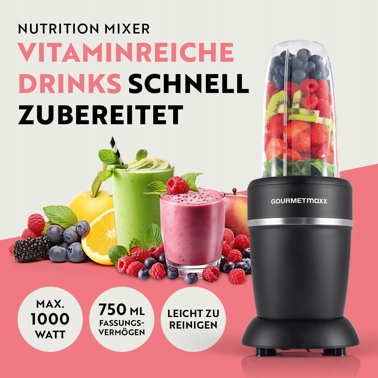 GOURMETmaxx Mikser & Smoothie Maker 4-częściowy Czarny 1000W — miniatura 2