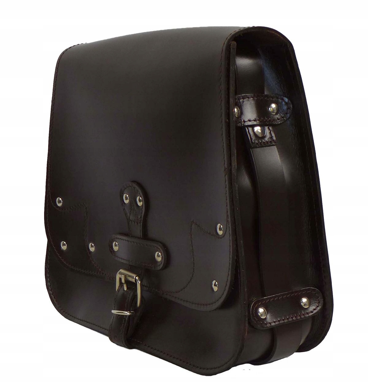 Kožená kabelka s cvočky, hnědá, juchtová kabelka přes rameno polská