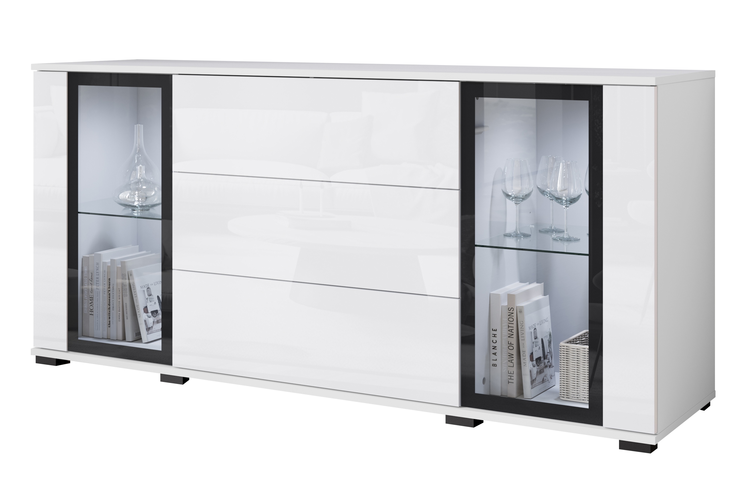 Komoda 150 cm s prosklenými zásuvkami, bílá matná/lesklá s Led