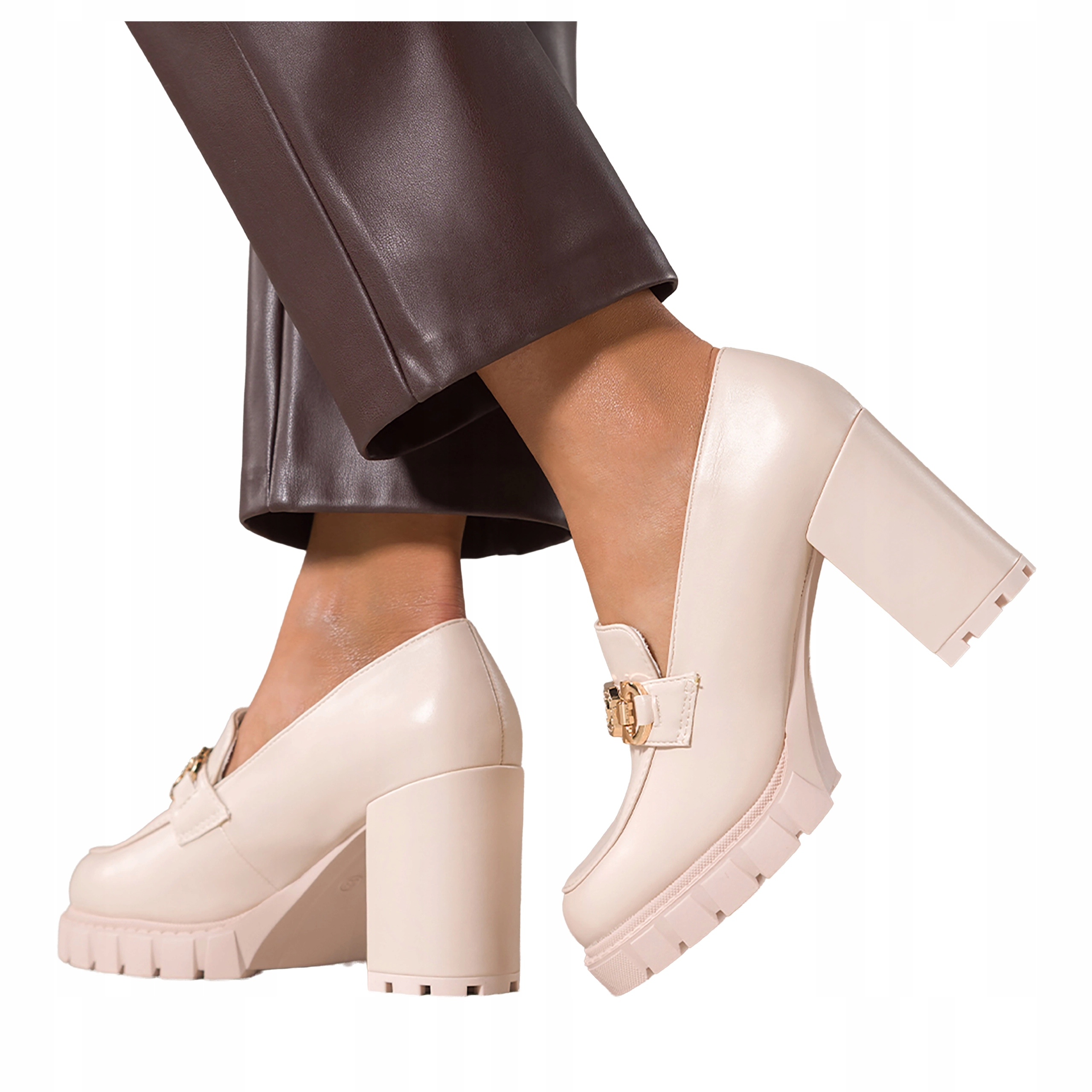 Beżowe Mokasyny Damskie Obcas Słupek Półbuty Złota Ozdoba r 38