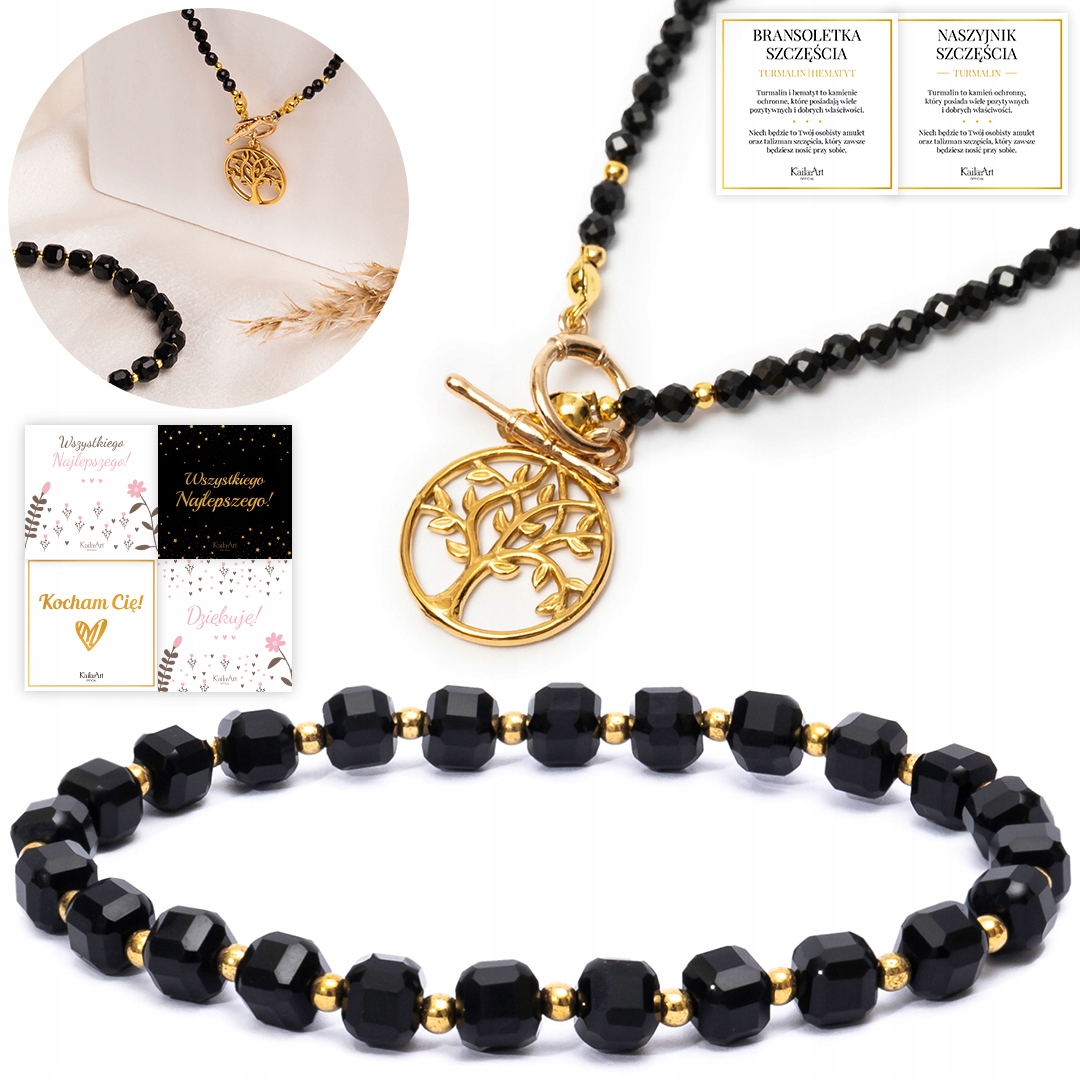Sada Náhrdelník Náramek Černý Turmalín Přírodní Fasetovaný Kámen