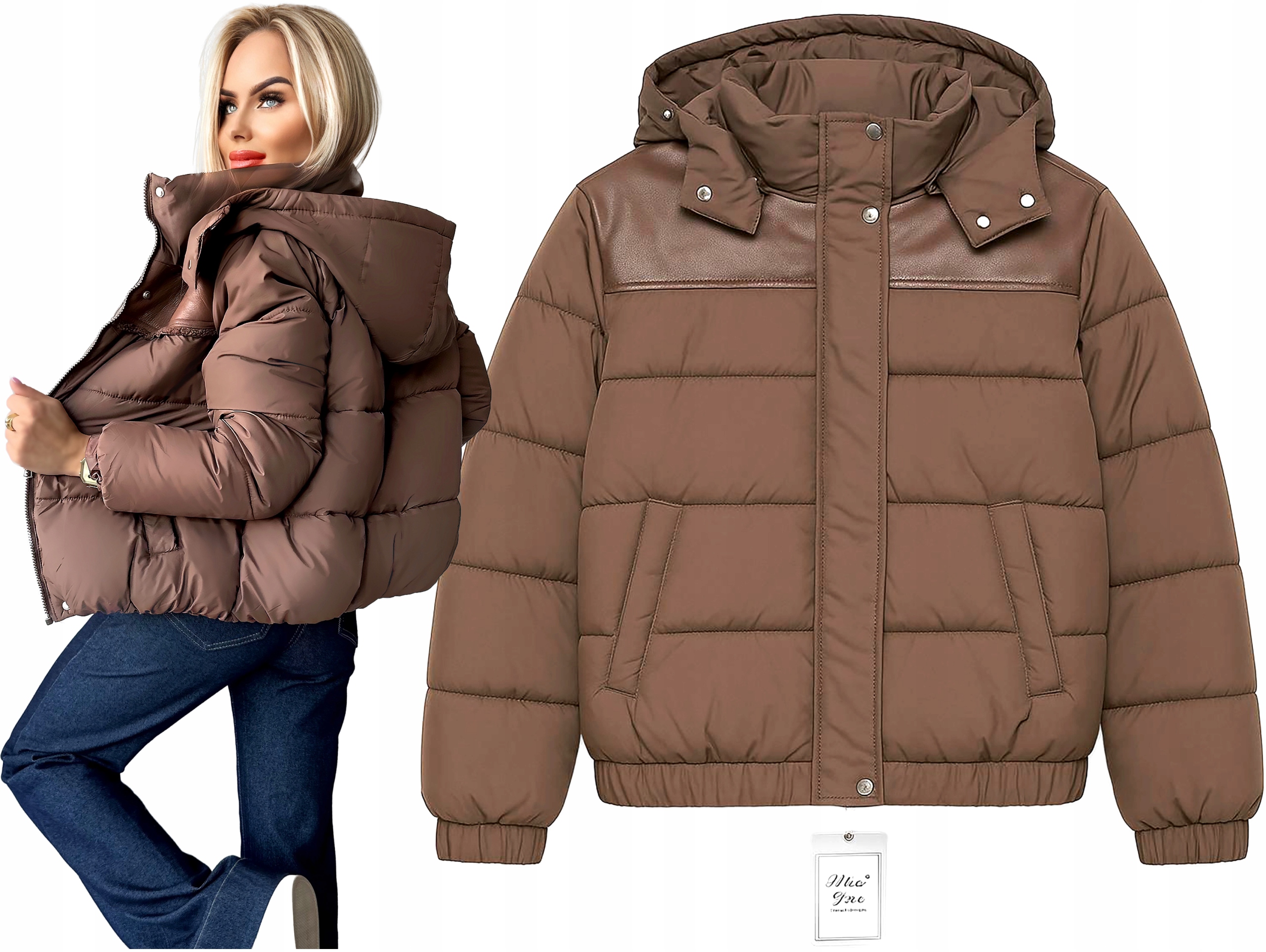 Hnědá teplá prošívaná dámská bunda s kapucí zimní silná kůže L Yolo