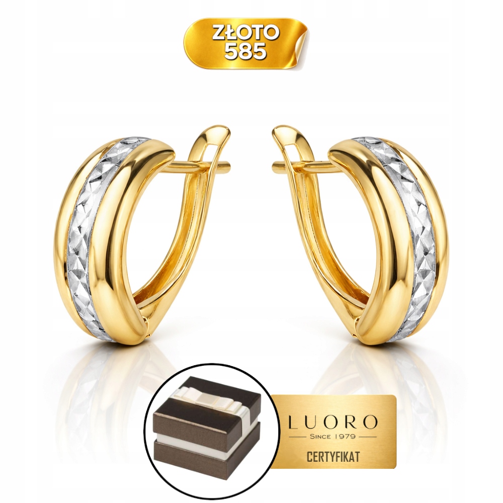 Náušnice Zlaté 585 14K Dvoubarevné Obdélník Diamantové 12 MM Anglické