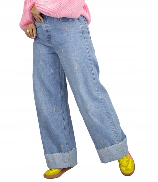 Džíny wide leg Baggy s vyšívanými růžemi, bavlněné, velikost L