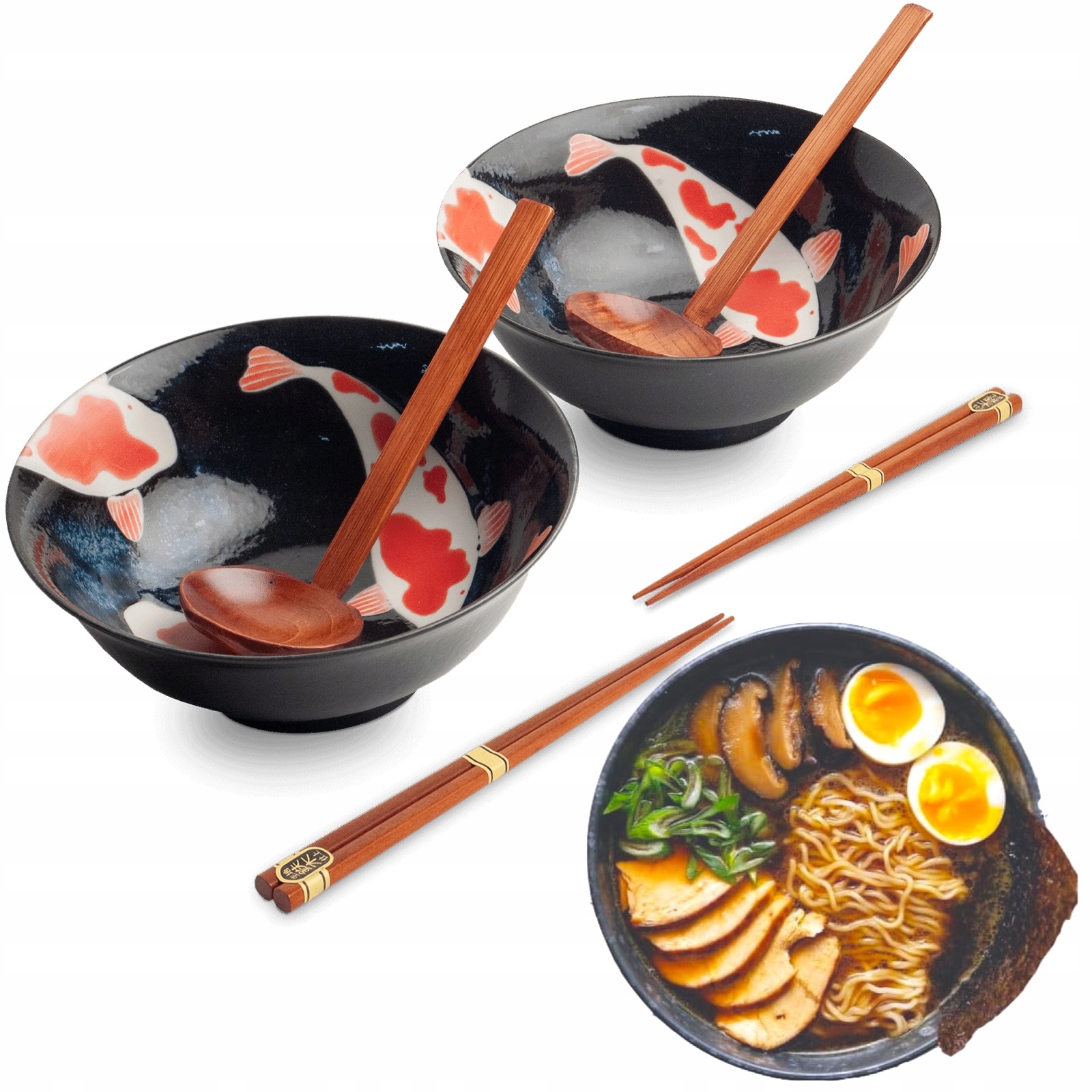Sada misiek Chochelki Paličky na polievku z cestovín Ramen Motív Koi Edo Japan