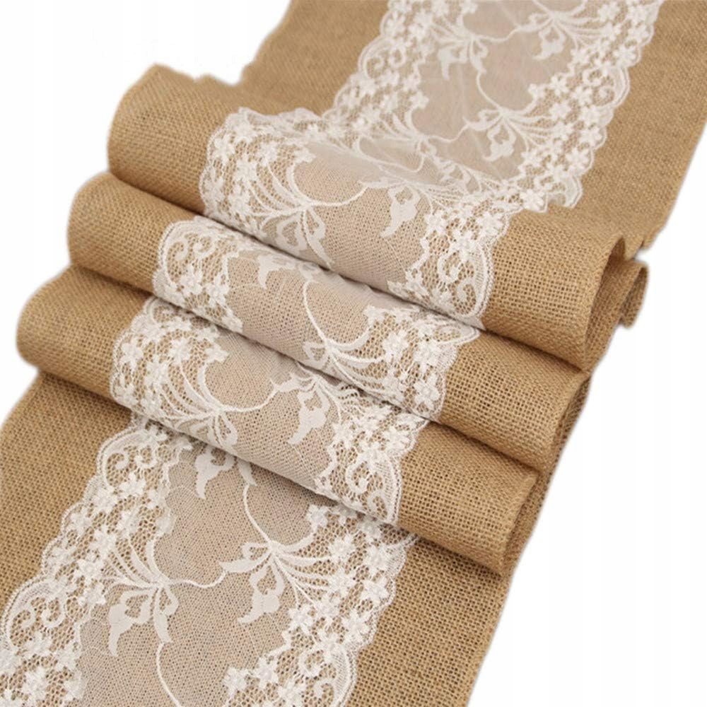 BIEŻNIK NA STÓŁ BRKURLEG JUTOWY 30 X 275 CM BOHO RUSTYKALNY Z KORONKĄ 1 SZT