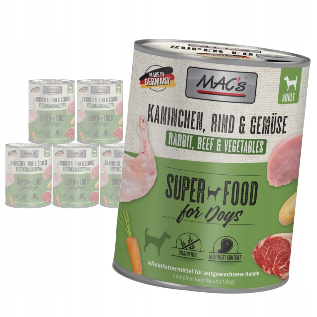 Levně MAC's Dog 6x800g Bezobilné Vlhké Krmivo pro psy Králík Hovězí maso a zelenina
