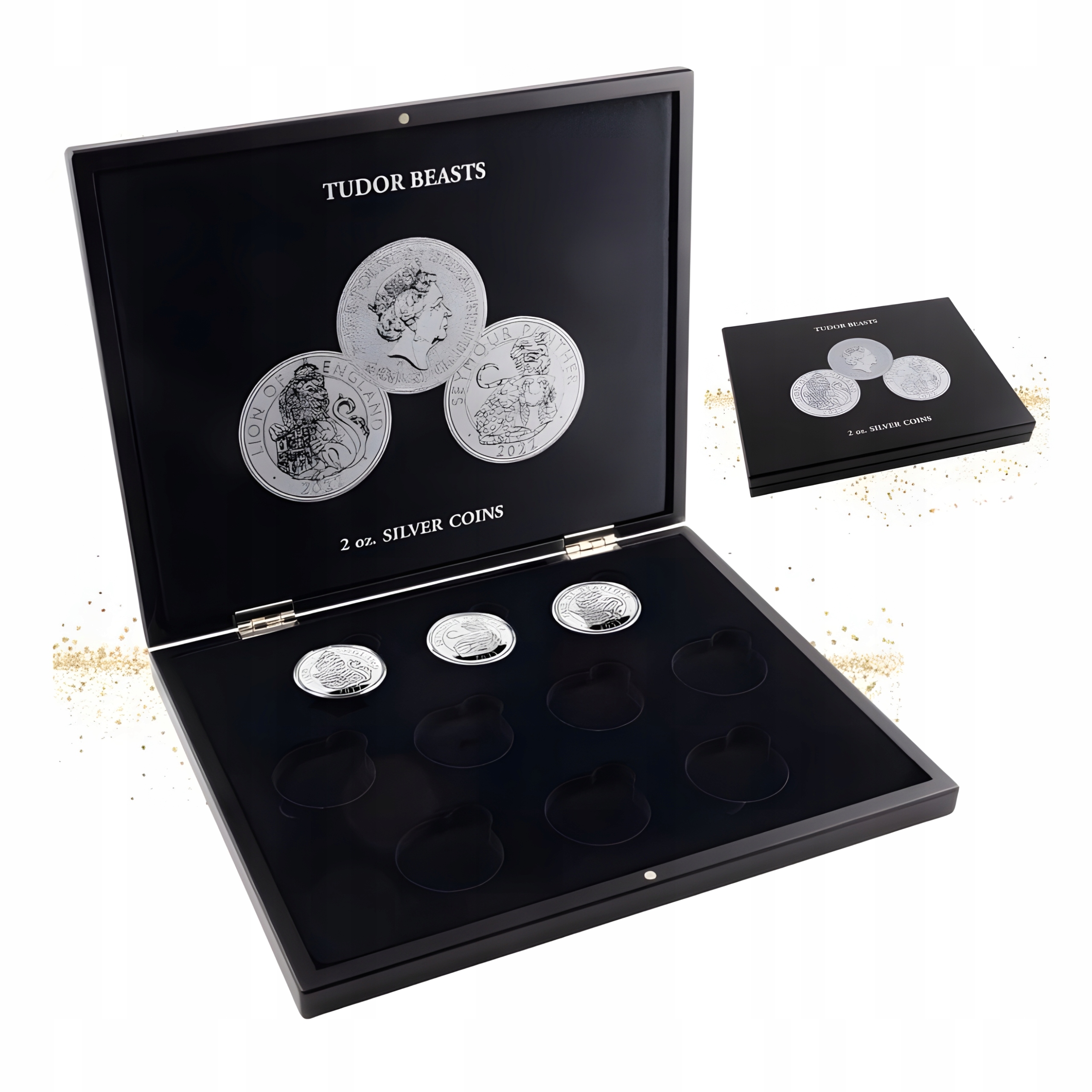 Kazeta na stříbrné mince Šelmy Tudorovců 2 oz Leuchtturm 20 mincí v kapslu