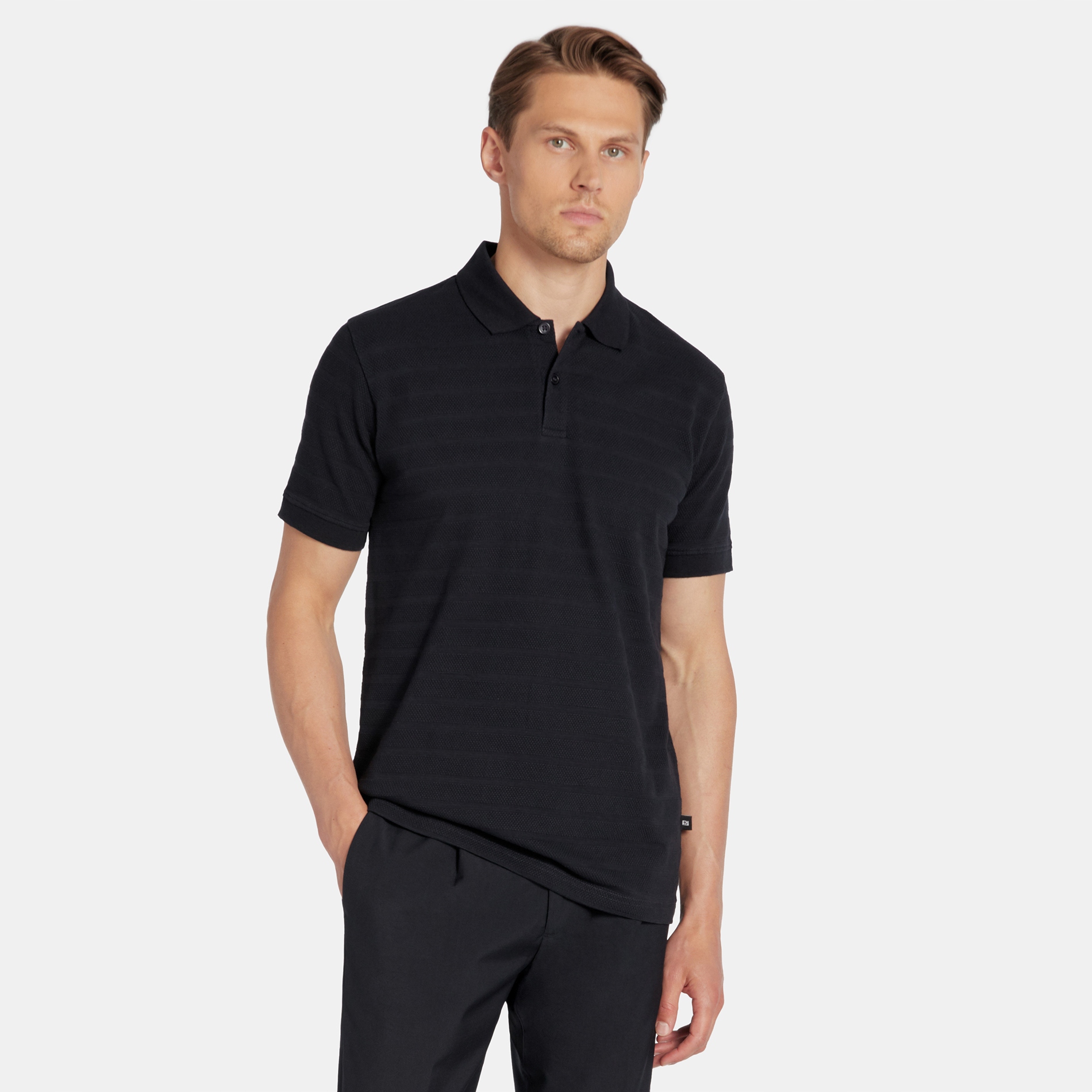 Tmavě modré pánské polo s pruhovaným strukturovaným vzorem Pako Lorente vel. S