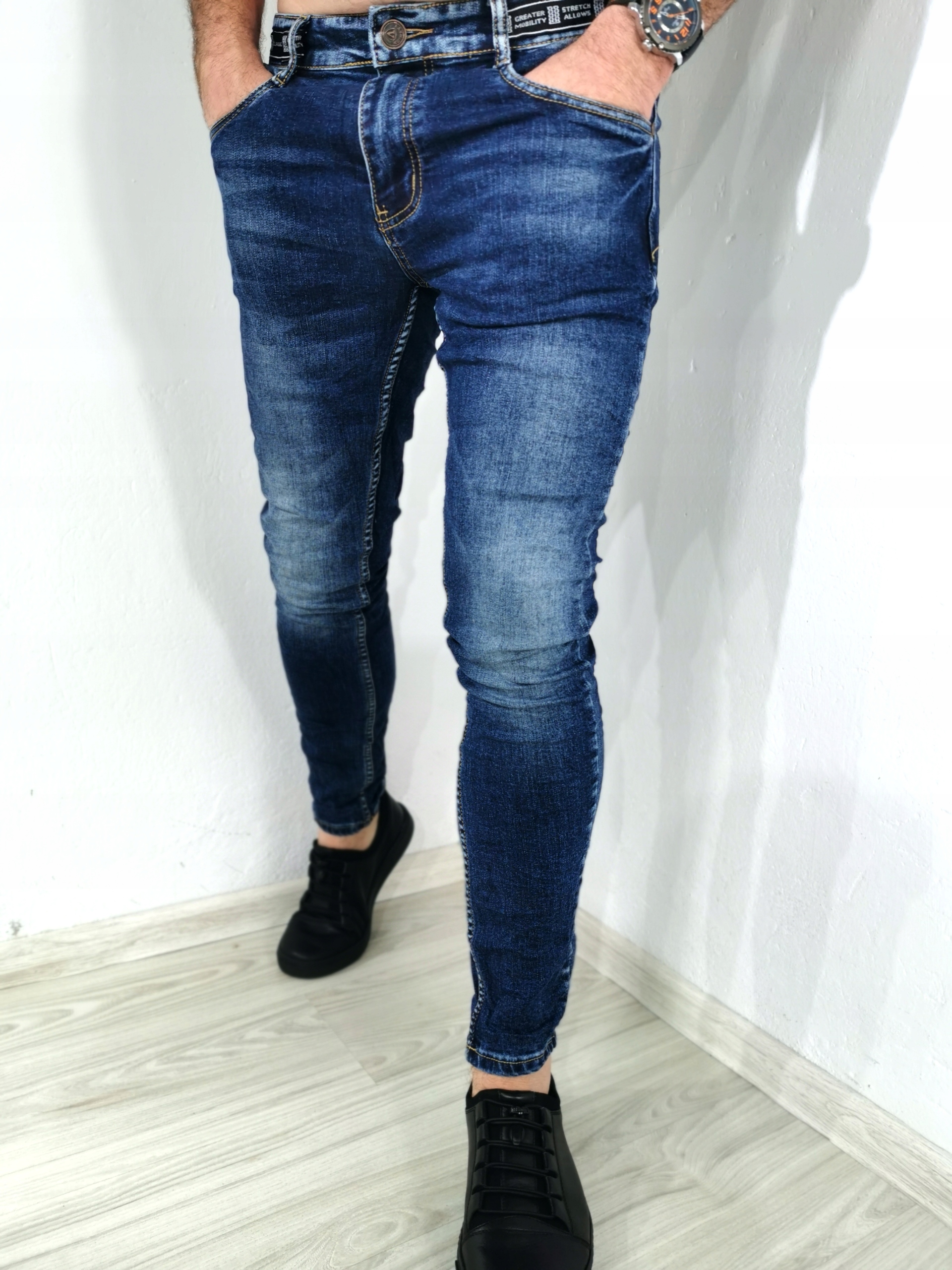Spodnie męskie jeans granat wycierane slim VB 34 Rozmiar 34
