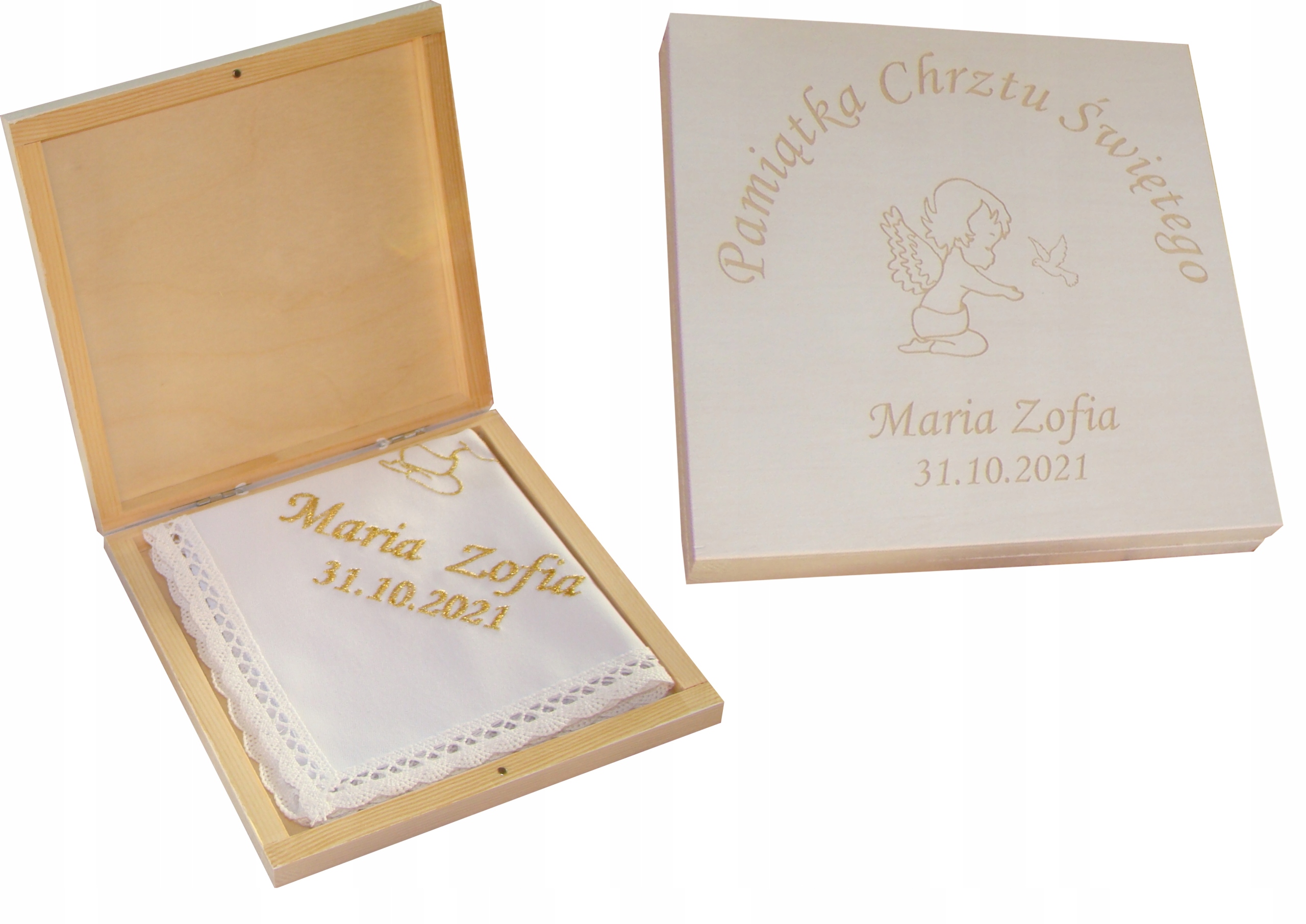 

Szatka do chrztu z pudełkiem Chrzest grawer białe