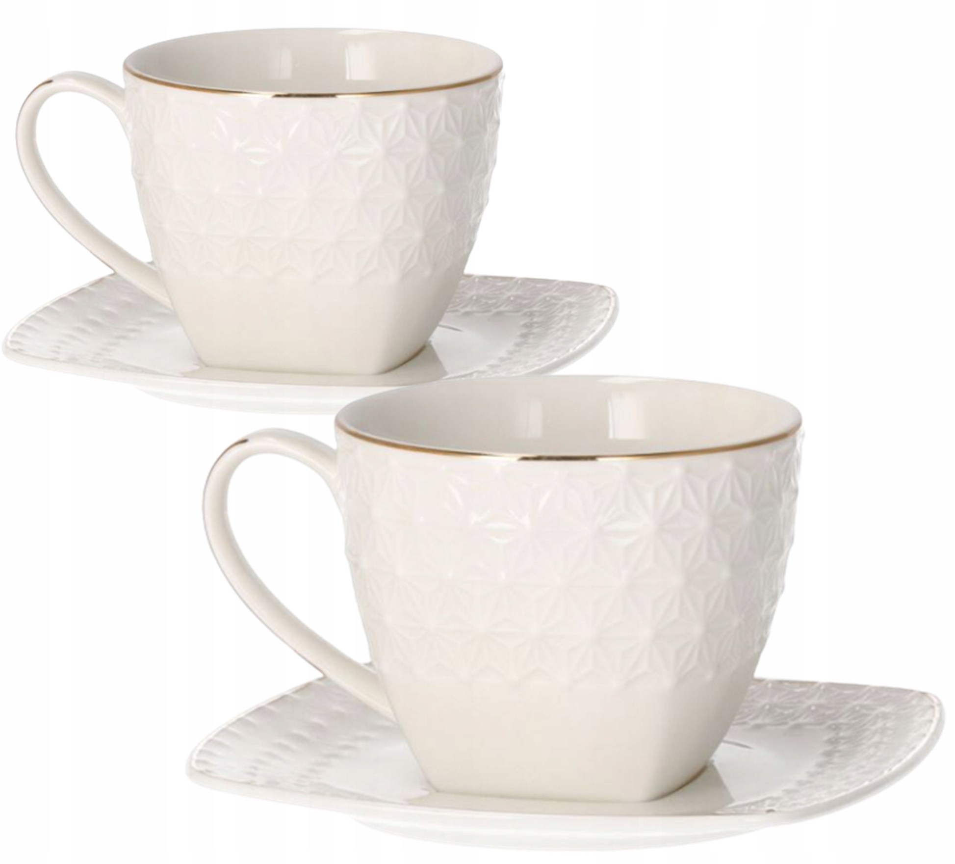 Komplet Filiżanek Białych Kwadratowych 240ml Porcelanowe z Złotym Paskiem