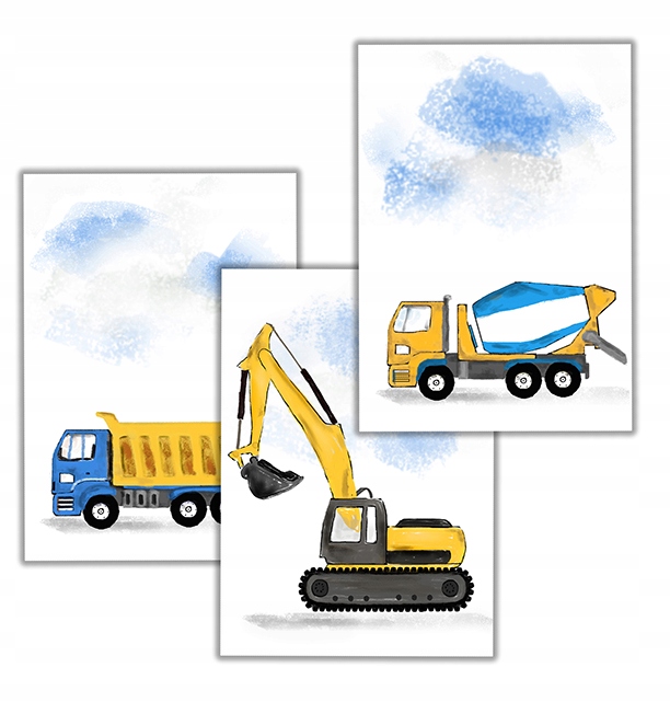 

3 szt wywrotka koparka betoniarka auto plakat a4