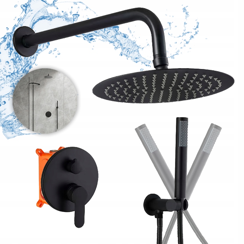 Podomietková Sprchová Súprava Čierna Matná Batéria S Dažďovou Sprchou Okrúhla 25 CM