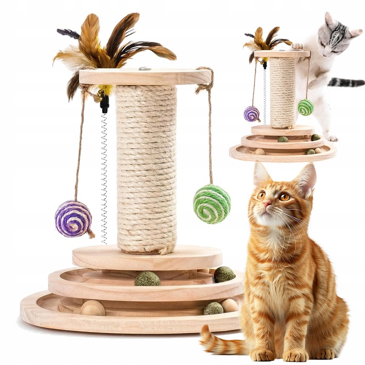 Levně Škrabadlo Pro Kočky Dřevěná Hračka S Tříúrovňovým Otočným Talířem