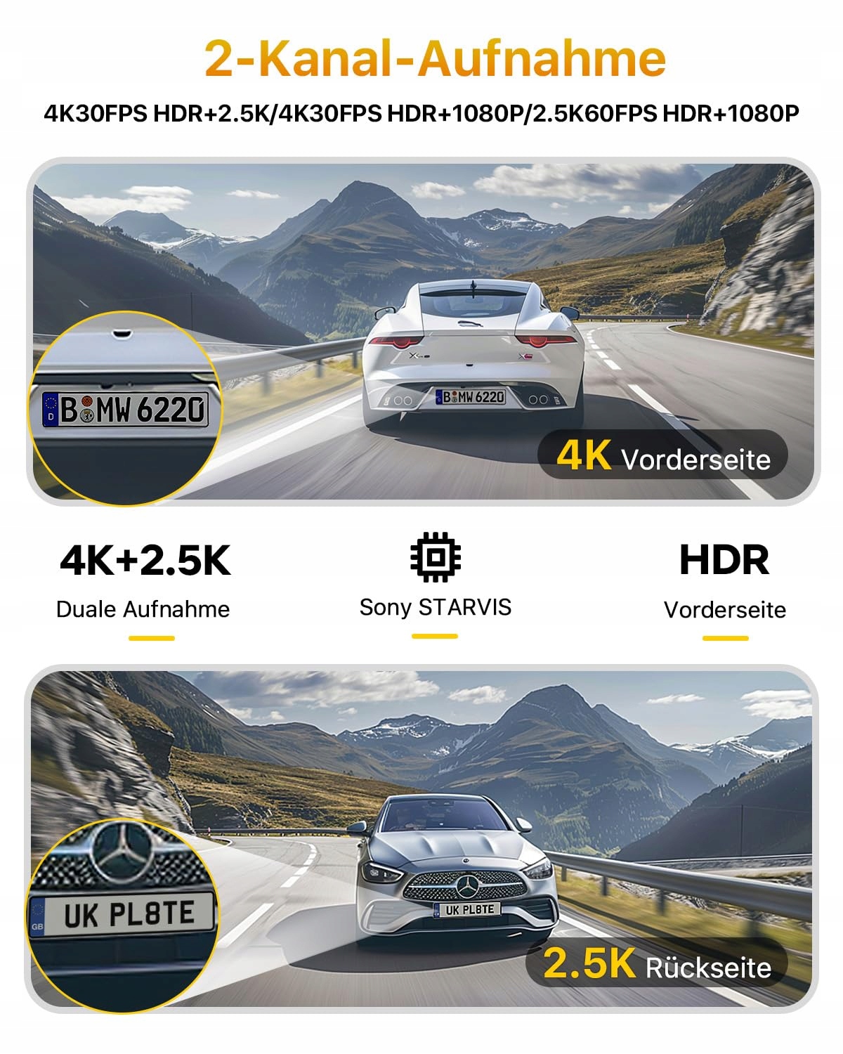 GKU Kamera Samochodowa 4K 2.5K Przód Tył WiFi GPS 64GB STARVIS Nocna — miniatura 2