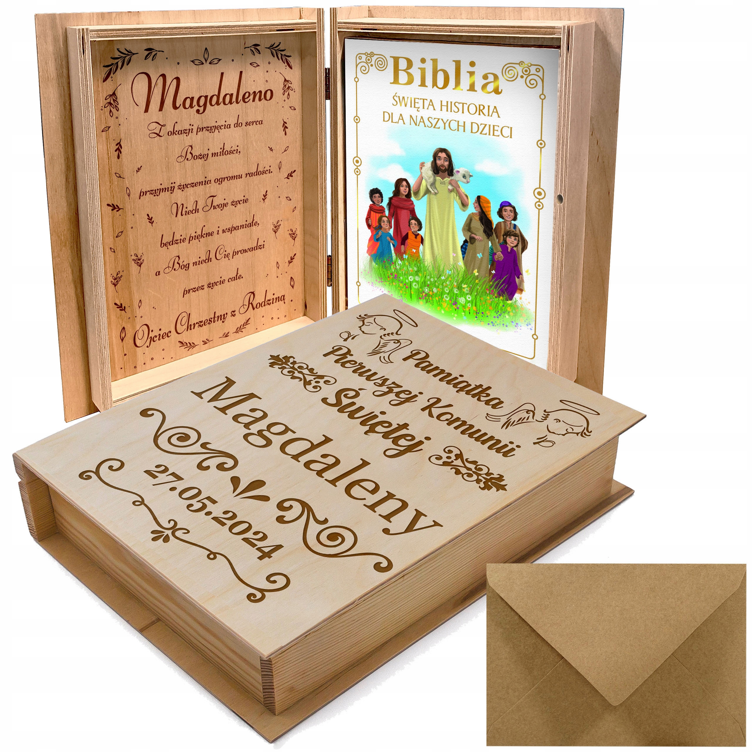 PUDEŁKO Z BIBLIĄ PISMO ŚWIĘTE PAMIĄTKA PIERWSZEJ KOMUNII ŚWIĘTEJ PREZENT