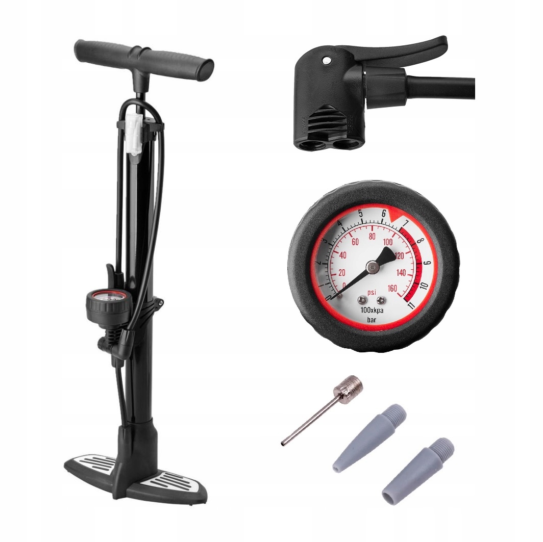 Pompka rowerowa do roweru z manometrem schrader, Presta, Dunlopa i MTB Kolor dominujący czarny