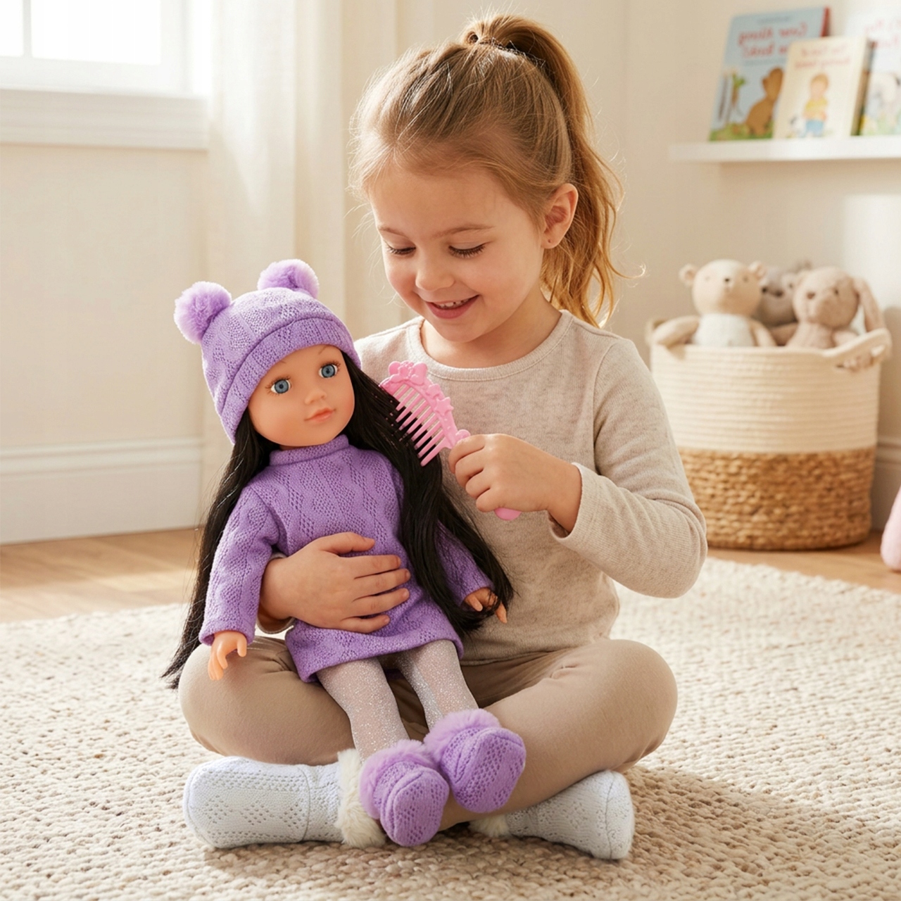 40 CM LELLES AR PIEDERUMIEM: ĶEMME, UZLĪMES, PĒRLĪTES, VIOLETA CEPURE 3+ MalPlay Brand