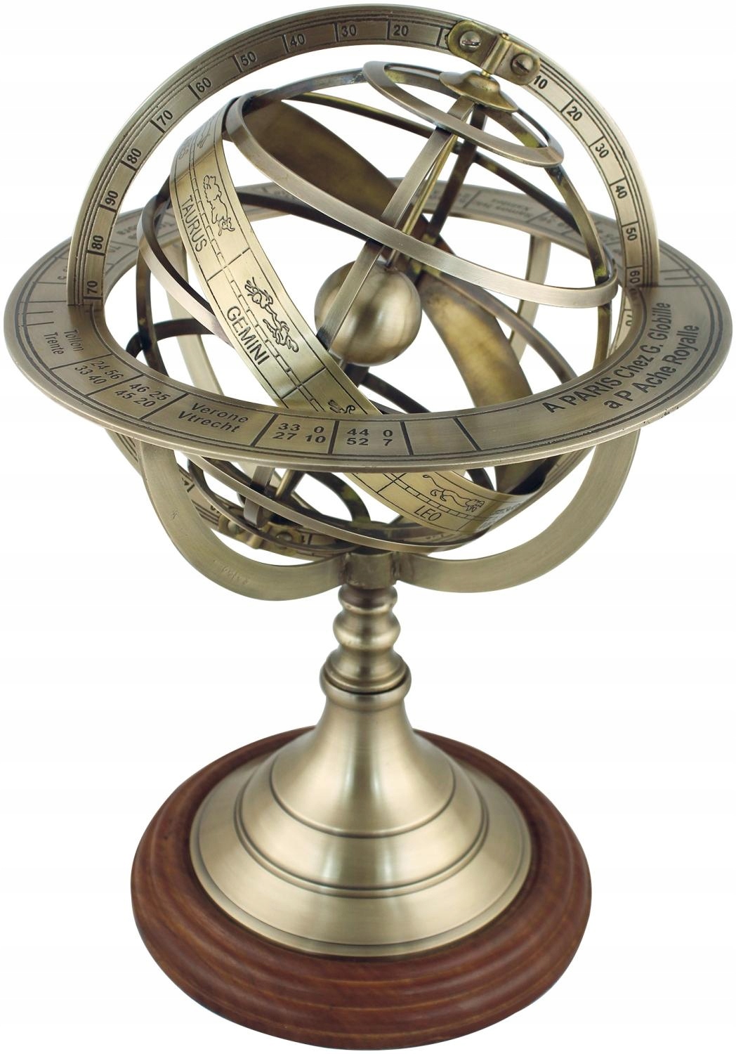 Armillary, starožitná mosadz na drevenom podstavci, V: 38,5 cm, Ø: 26,5 cm