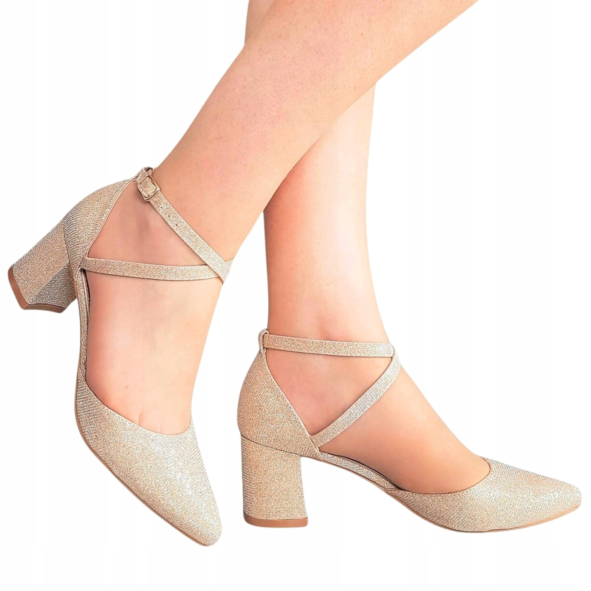 Złote Brokatowe Przeplatane Buty Czółenka Na Słupku 6 Cm 40