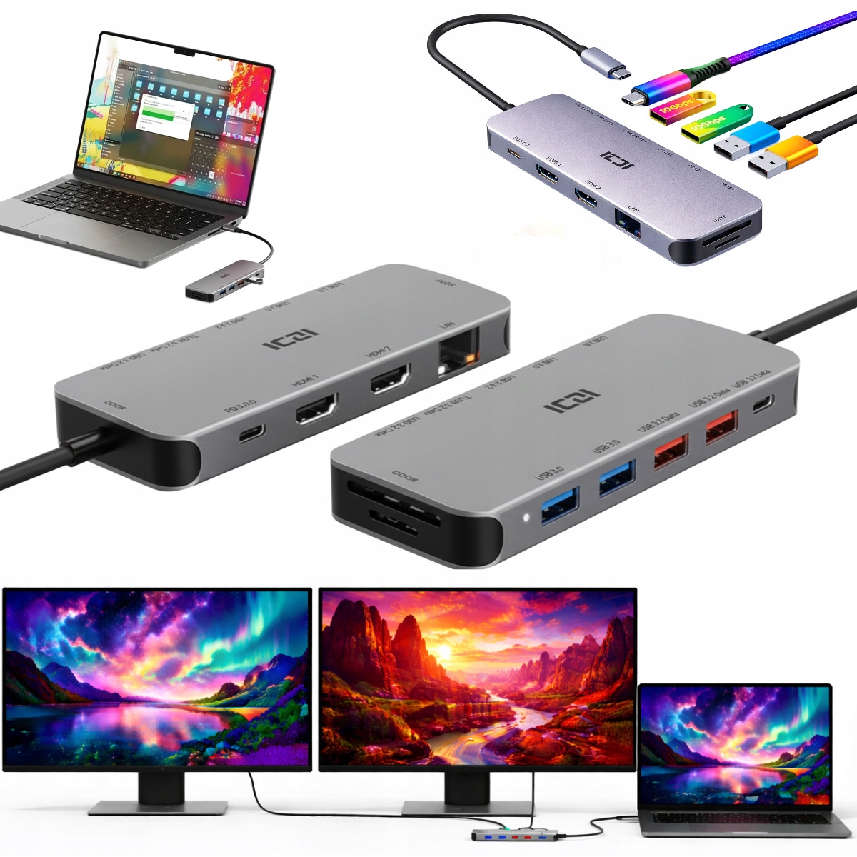 Stacja Dokująca Do Laptopa Toshiba Hub Usb-c 2xHDMI Pd Podwójny Monitor