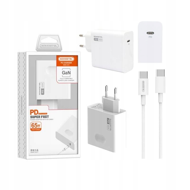 Ładowarka sieciowa Usb C 65W Q15 GaN i kabel Usb C Pd biała Kostka Szybka