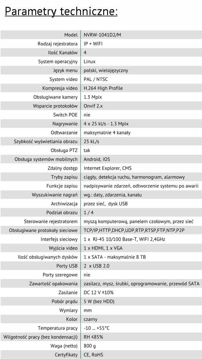 REJESTRATOR IP WIFI 1MP CCTV 4CH ZASIĘG 150M Model KK_NVRW-1041D2-M
