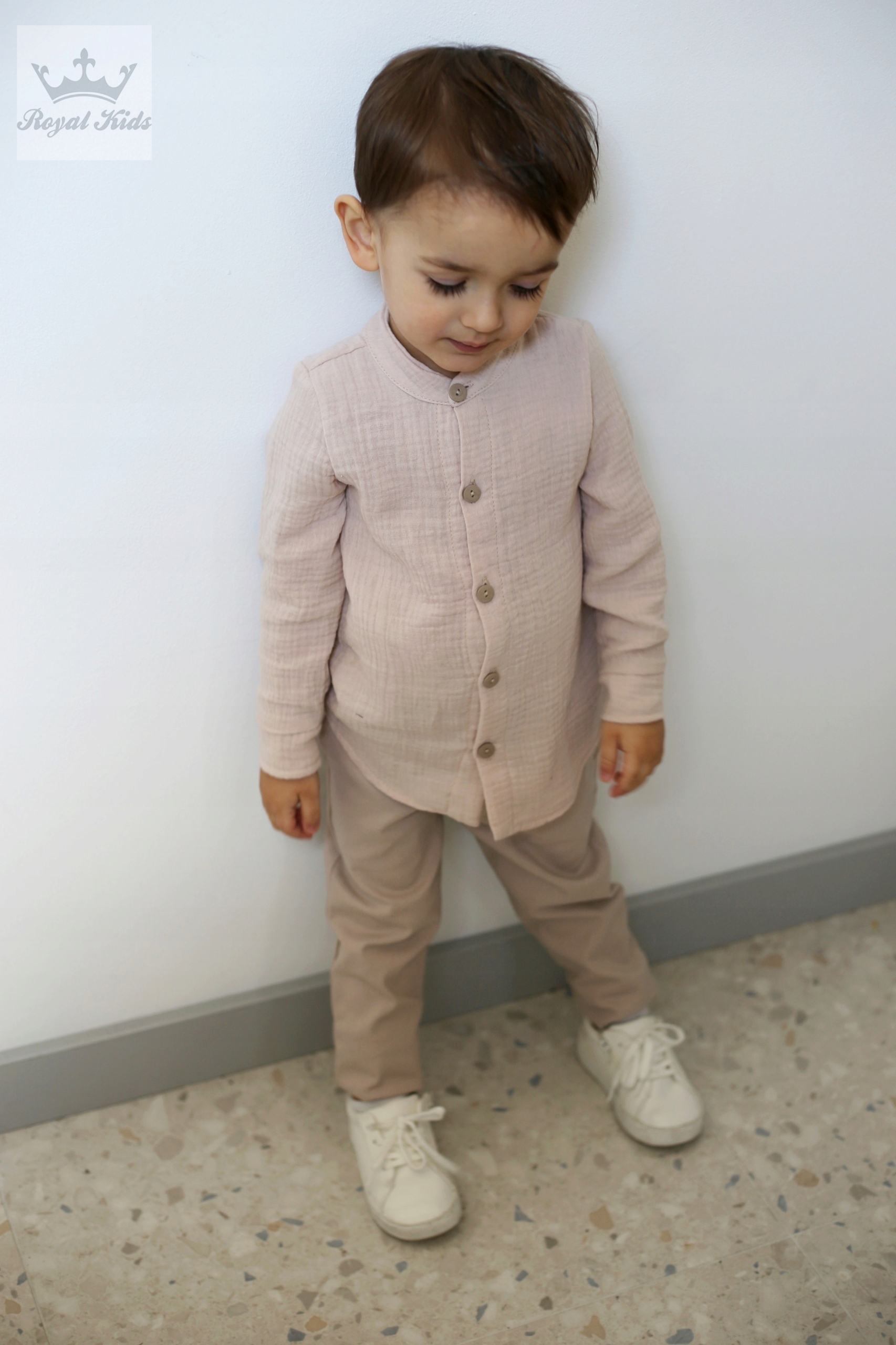 Koszula Muślinowa Chłopięca bawełniana BEŻOWA Royal Kids 104 110 długi r. Rękaw długi rękaw