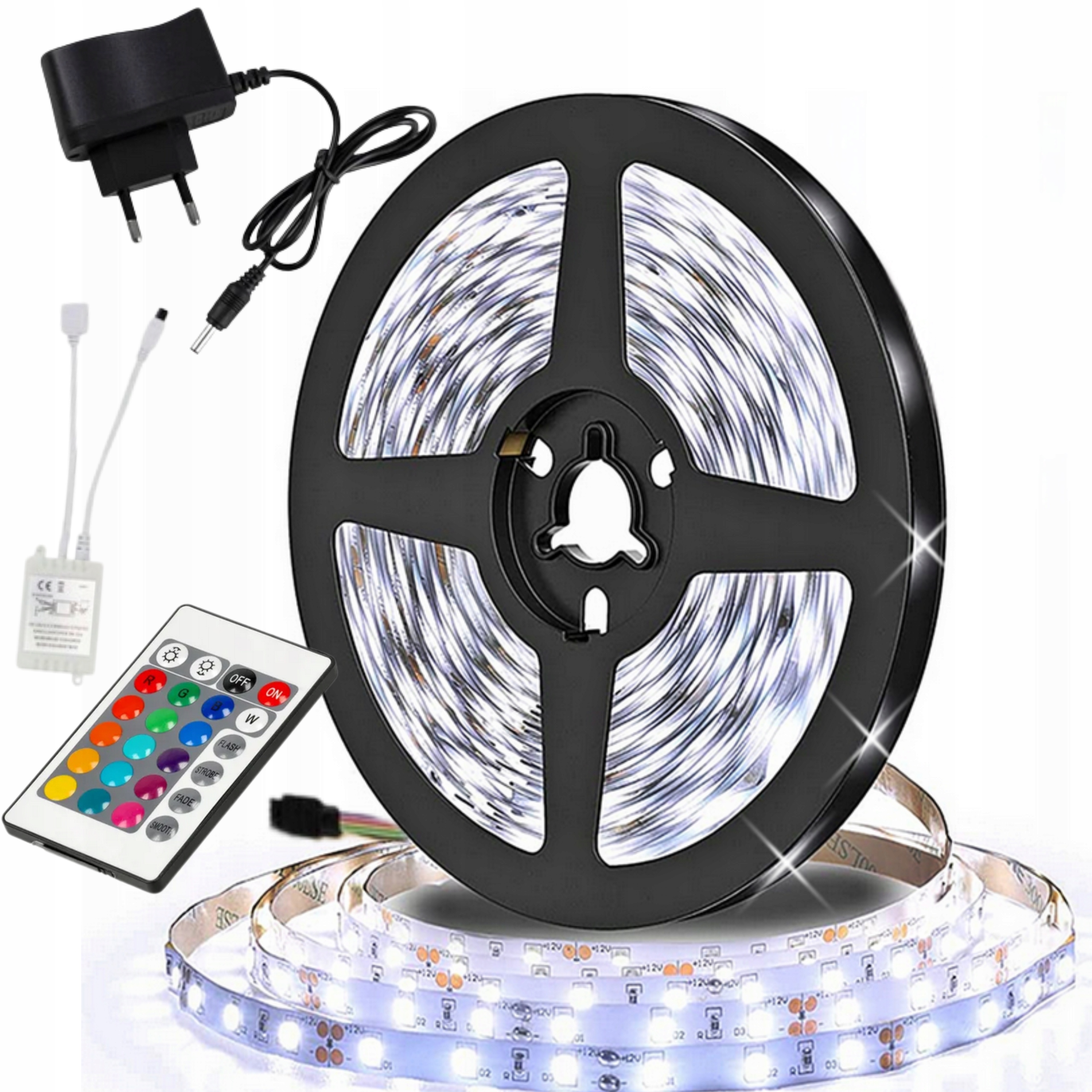 LED TAŚMA 12V 5M BIAŁA ZIMNA ZESTAW PILOT 230V WODOODPORNA DIOD LINIA ZIMNY