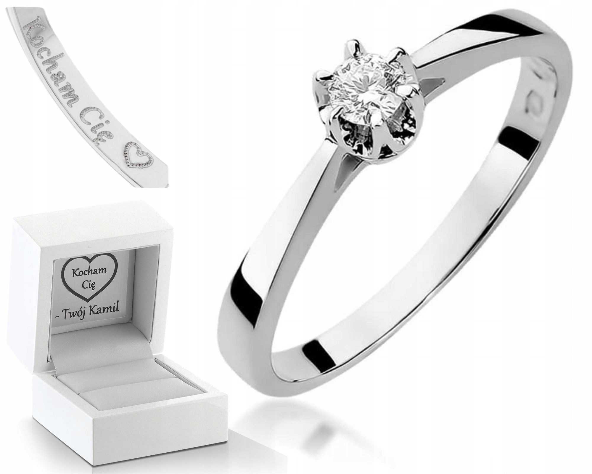 Bílé Zlato Prstýnek Na Zásnuby Diamant Gravírování Bonus 585 Dárek