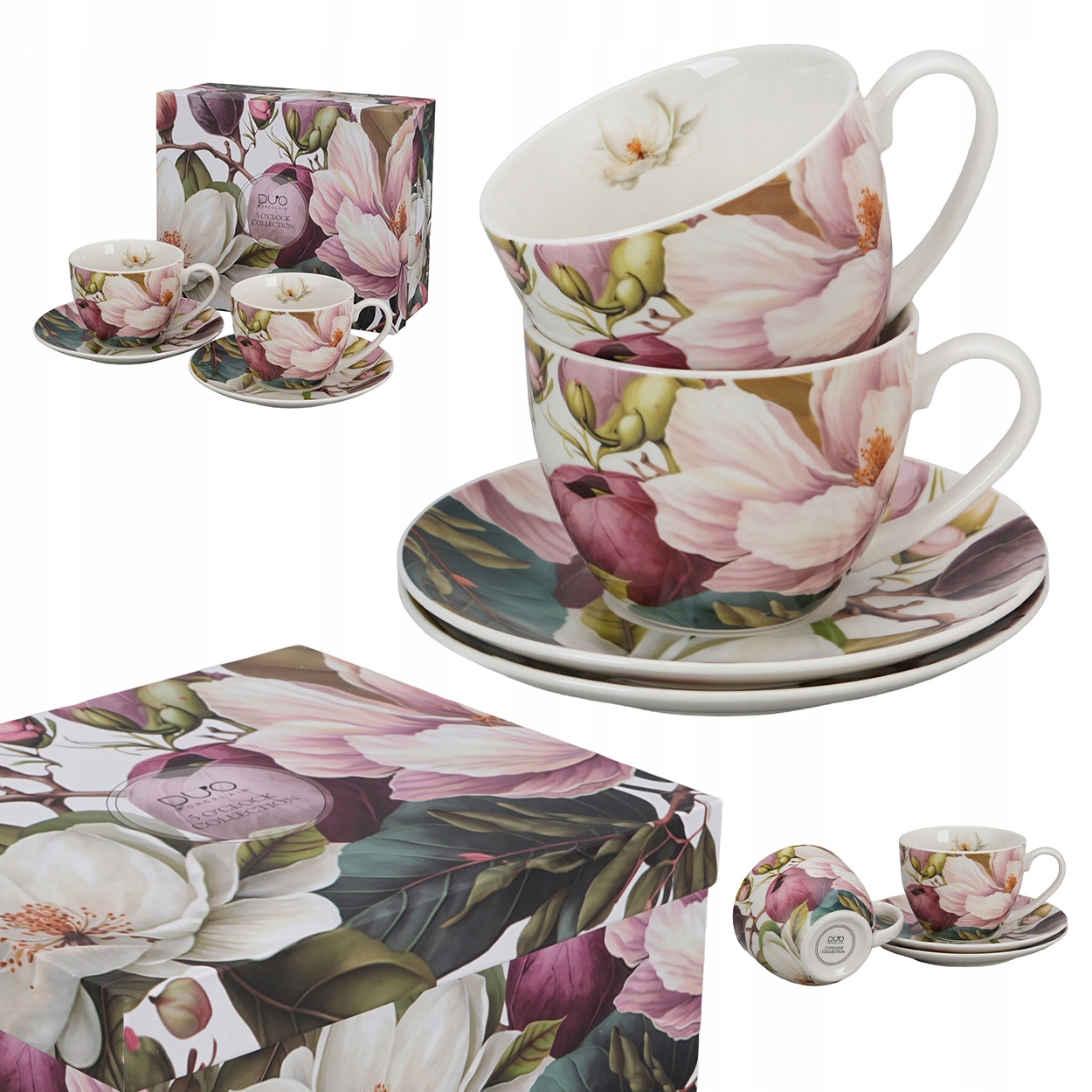 Zestaw 2 filiżanek ze spodkami Magnolie 270 ml do Kawy Herbaty Flower Kpl