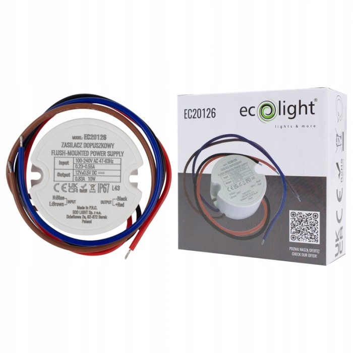 ZASILACZ LED DO PUSZKI FI60 10W 12V IP67 DO TAŚMY LED WODOSZCZENY IP67 Kod producenta EC20126