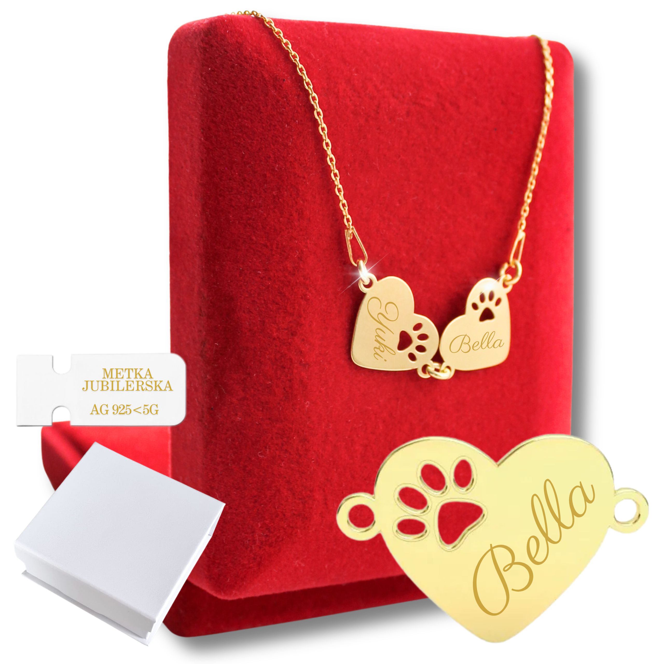 Zlatý náhrdelník 925 Gravírování Dvě srdce Tlapky Tlapka Jméno psa Kočka jako Dárek