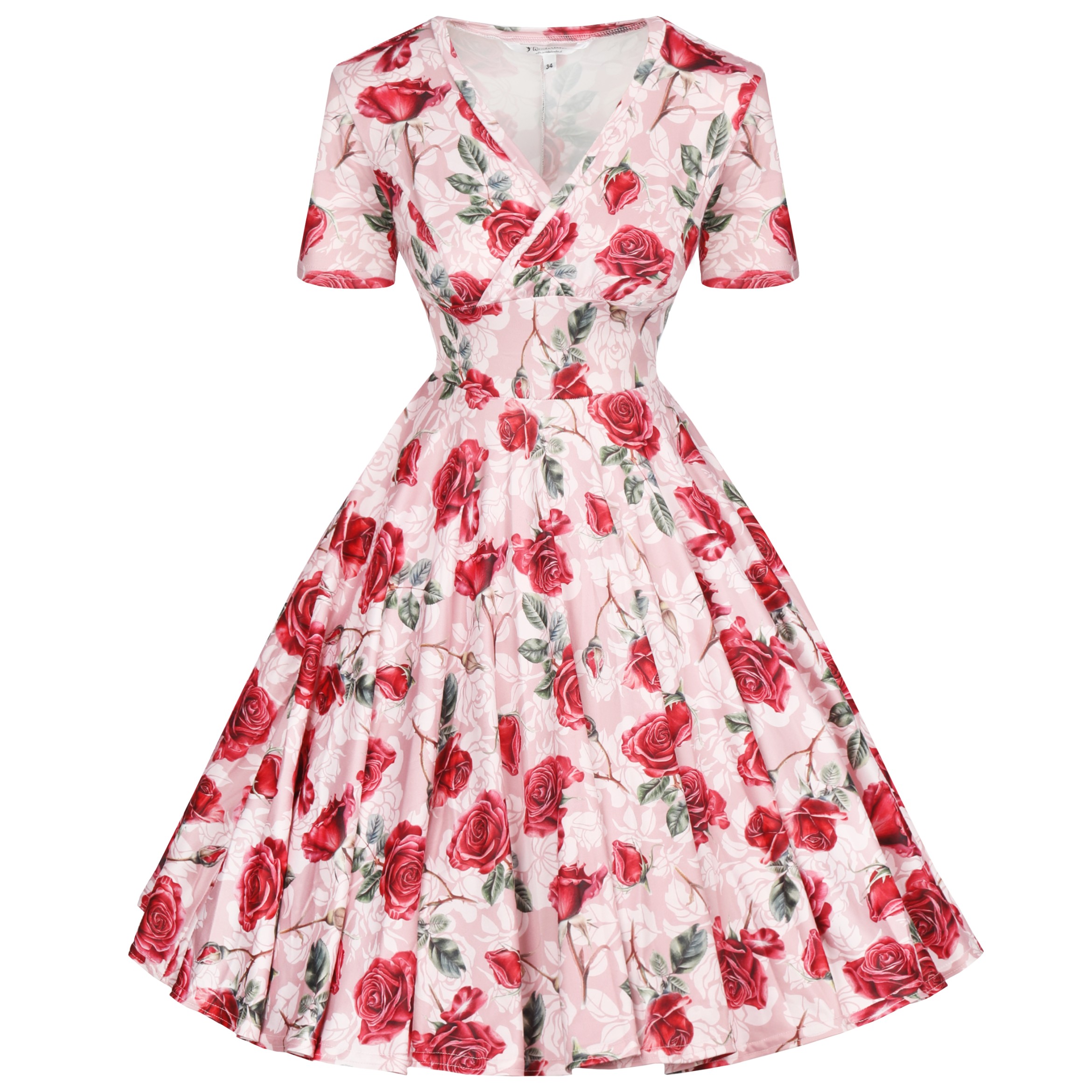 Šaty Pin Up béžová s červenými růžemi a květinami na křtiny, svatební hostina