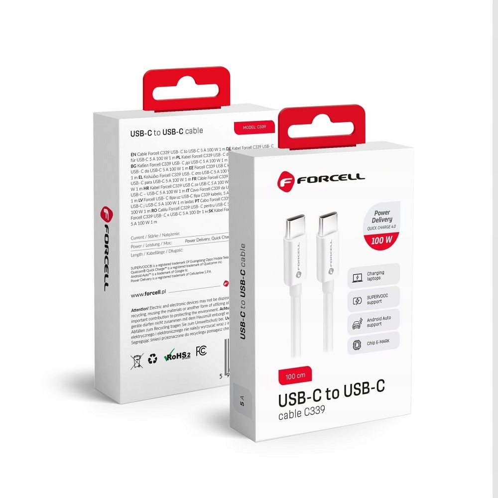 Kabel Usb C do Usb C Forcell F-Energy QC4.0 Pd 5A 100W 1 m C339 biały