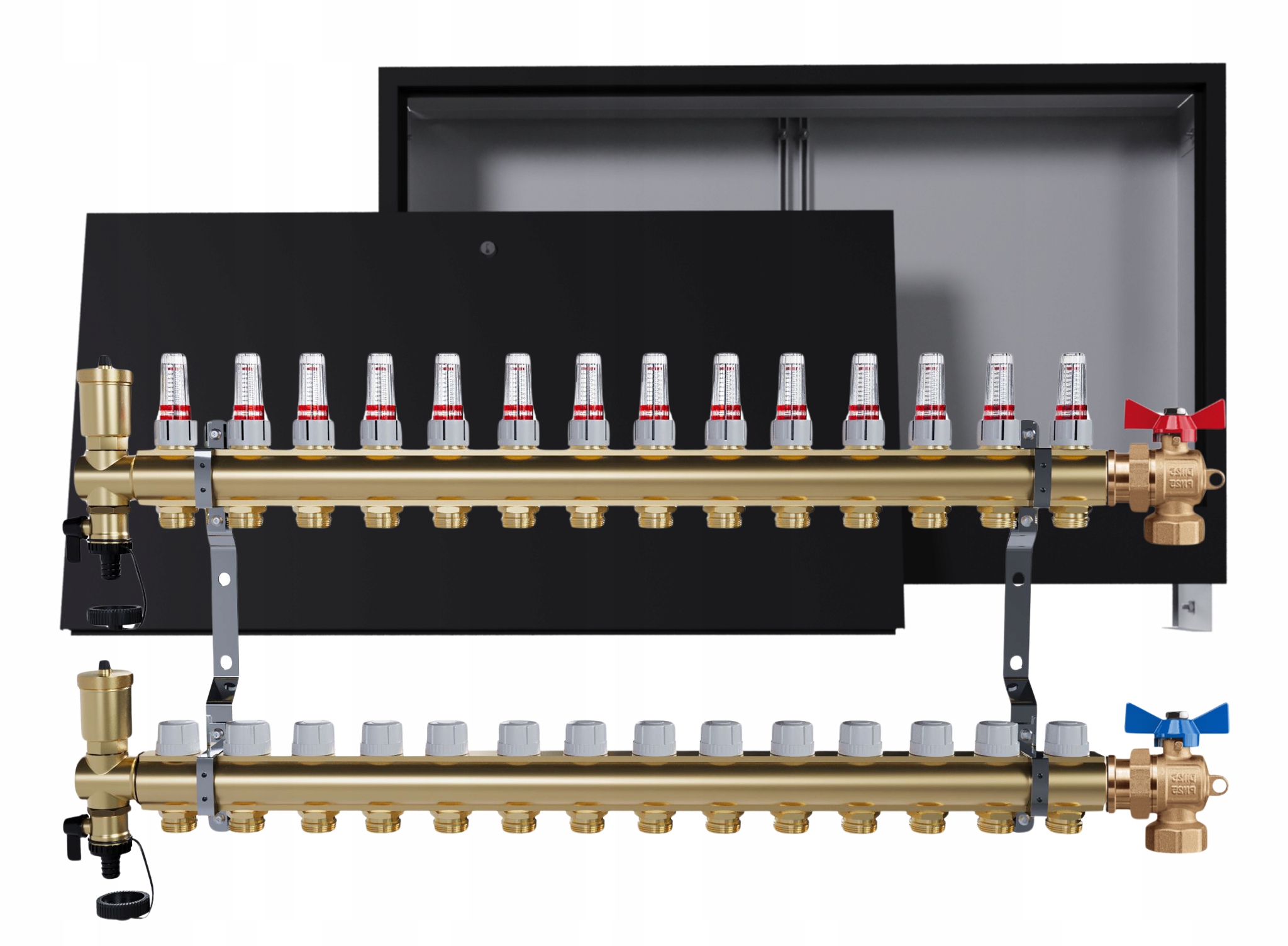 Rozdělovač podlahových krytin mosazný 14 obvodů podomítková skříň ventily