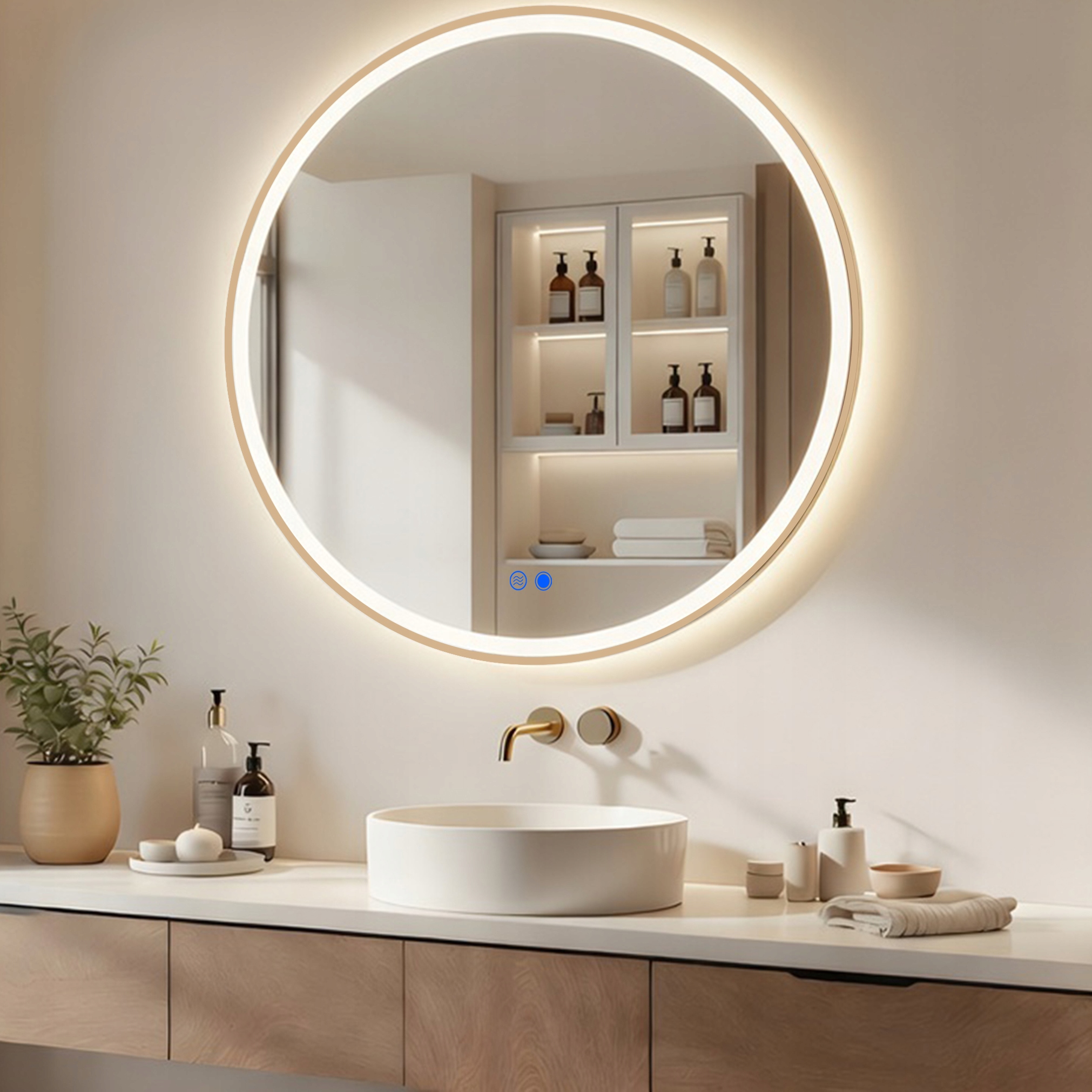 Lustro łazienkowe 80x80 złoto szczotkowane Led mata okrągłe