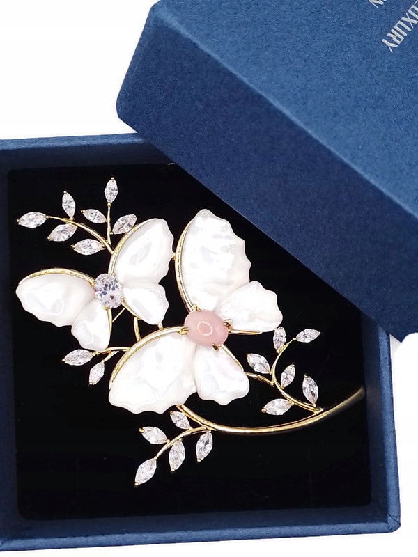 Luxusní Brož Přívěsek Motýli Bílý Zlatý 14K Gp Krabička Na Dárek