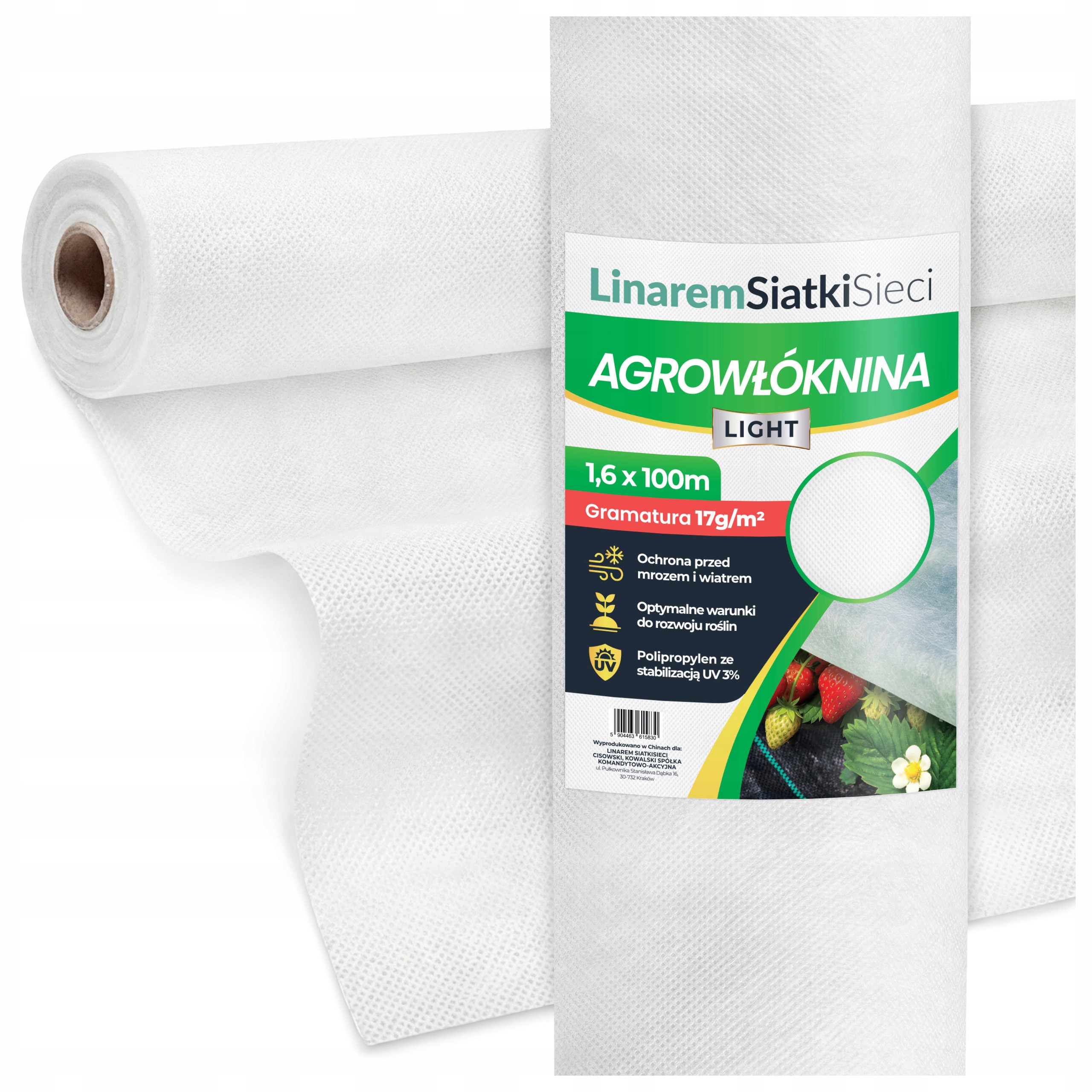 Agrowłóknina biała wiosenna 1,6x100m mocna 17g/m2 otulina okryciowa Uv 3%
