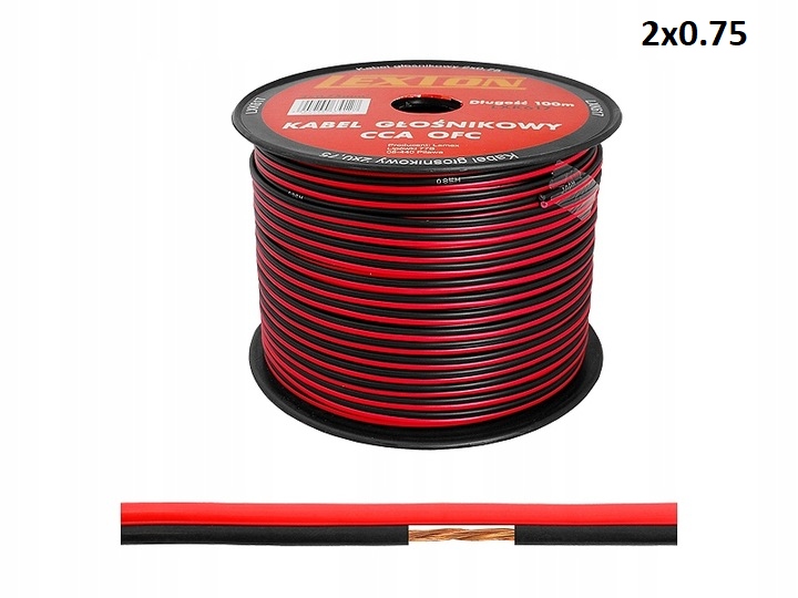 Kabel Głośnikowy Lub Led Przewód 2X0.75 Cca Czarno-czerwony 2 Pin Rolka 1M