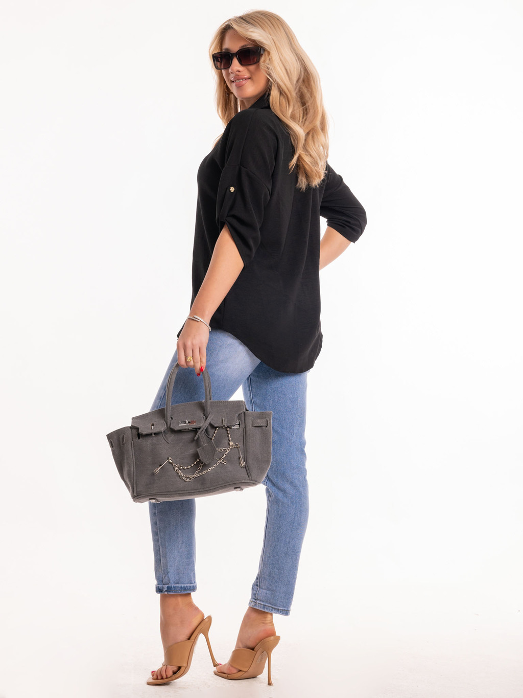 Elegancka Klasyczna KOSZULA Prosta Kołnierzyk Guziki Gładka Czarny Kolor czarny