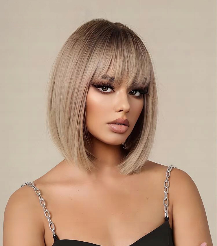 Dámská Paruka Bob Ombre Blond Přírodní Vlasy 35 cm s ofinou