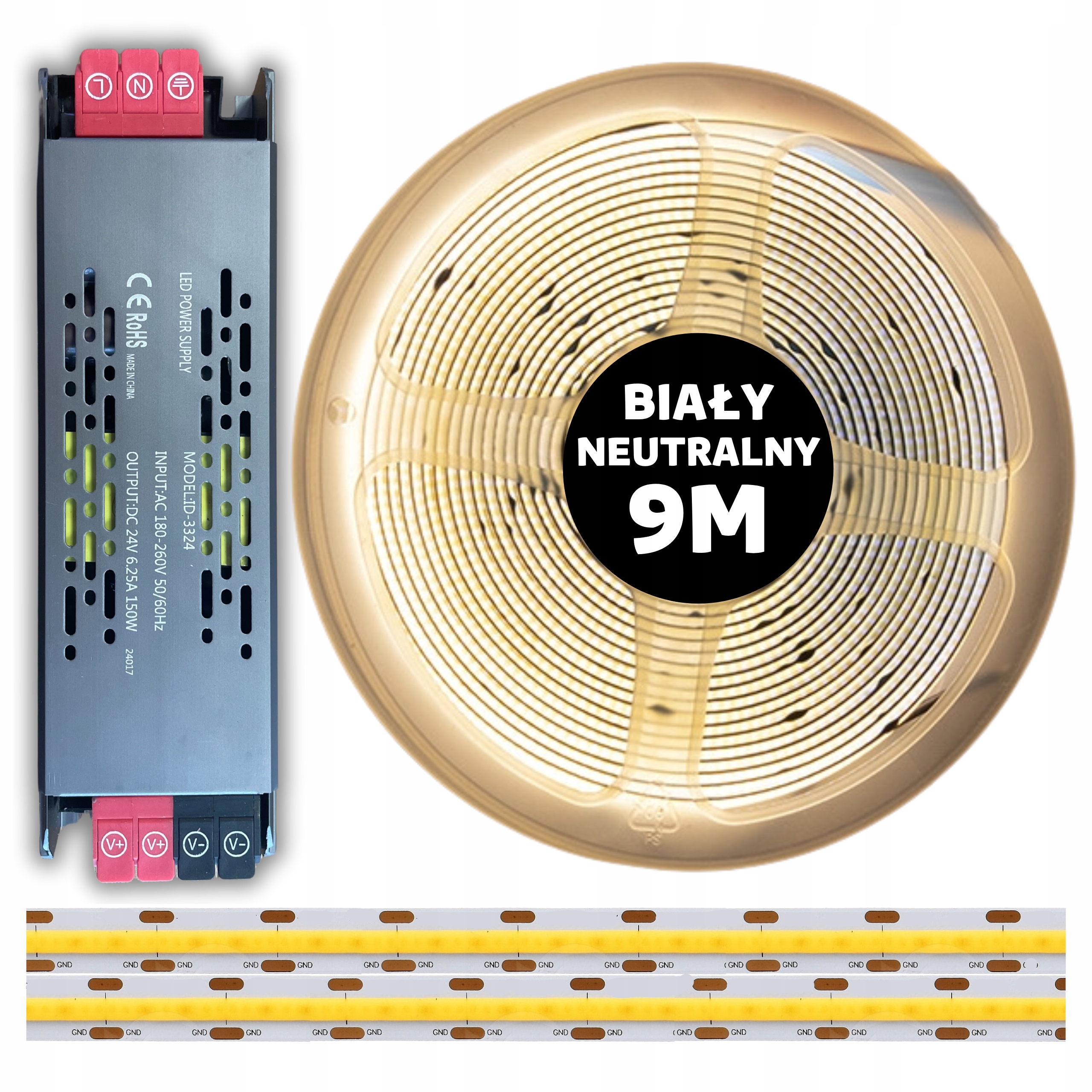 Set 9M Led pásek Cob 480 diod 4000K neutrální bílá 24V 10W napájecí zdroj